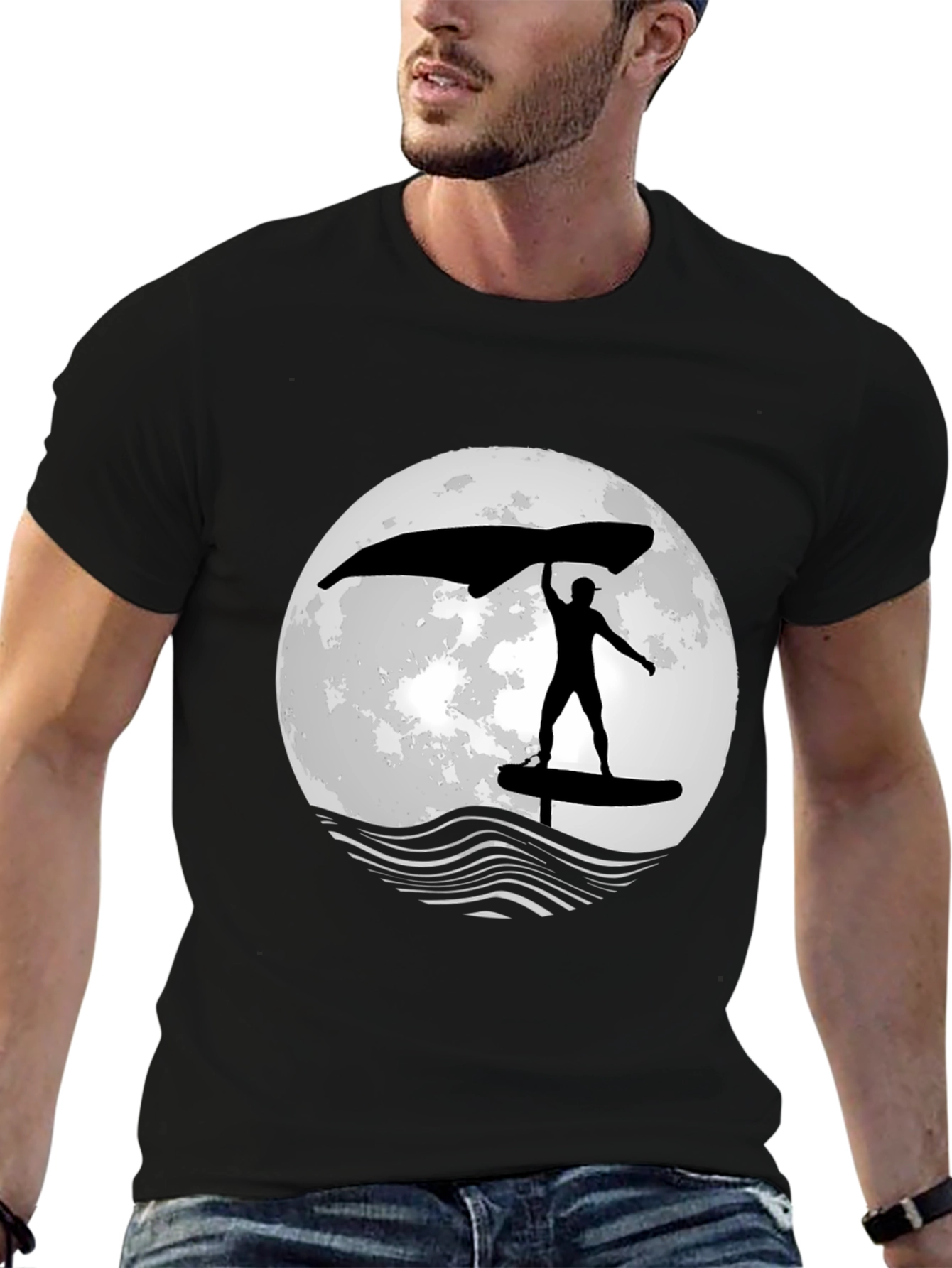Wing Foiling T-Shirt - Moon Graphic - Black