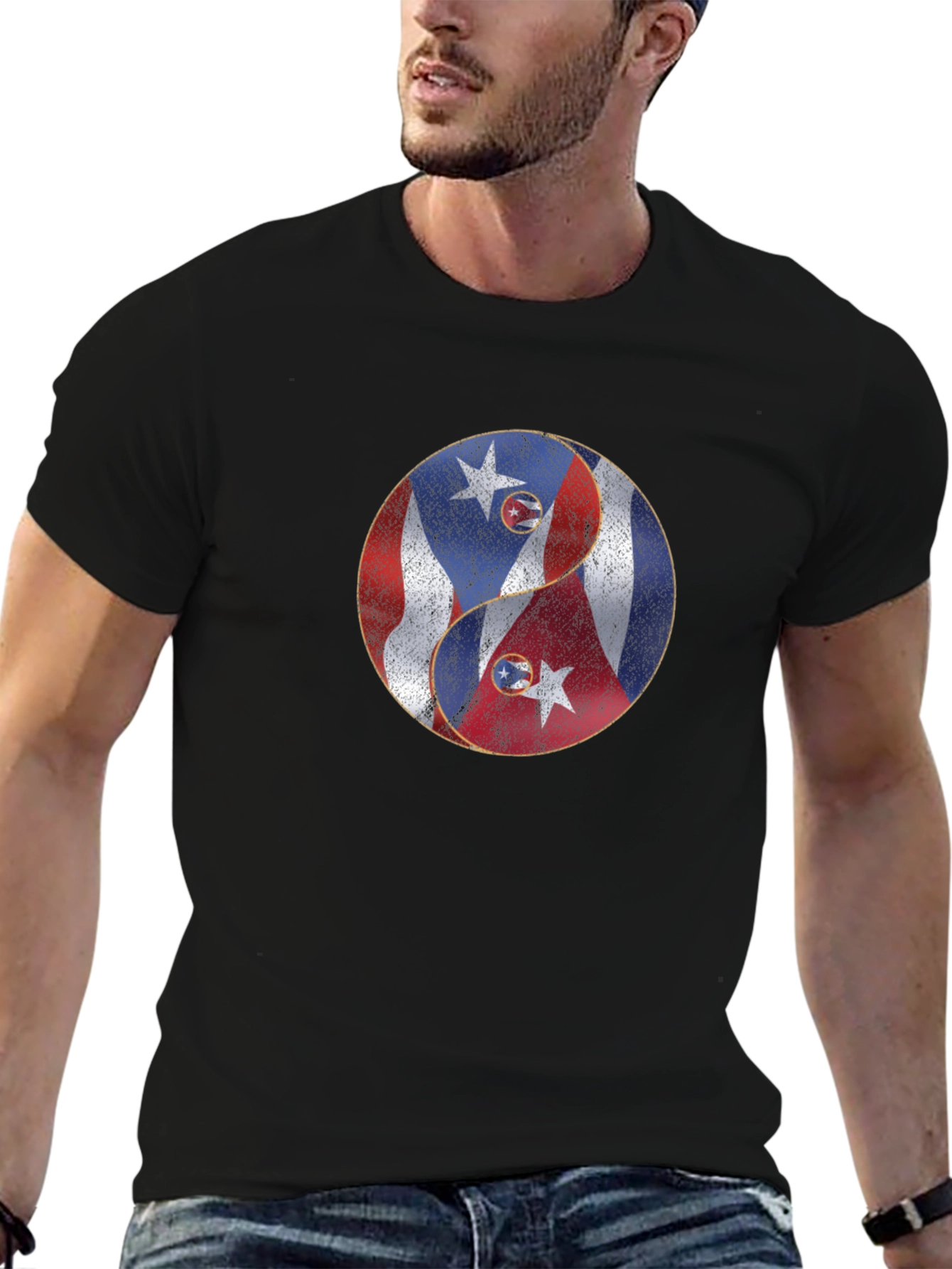 Yin Yang Puerto Rico Cuba Flag Graphic T-Shirt