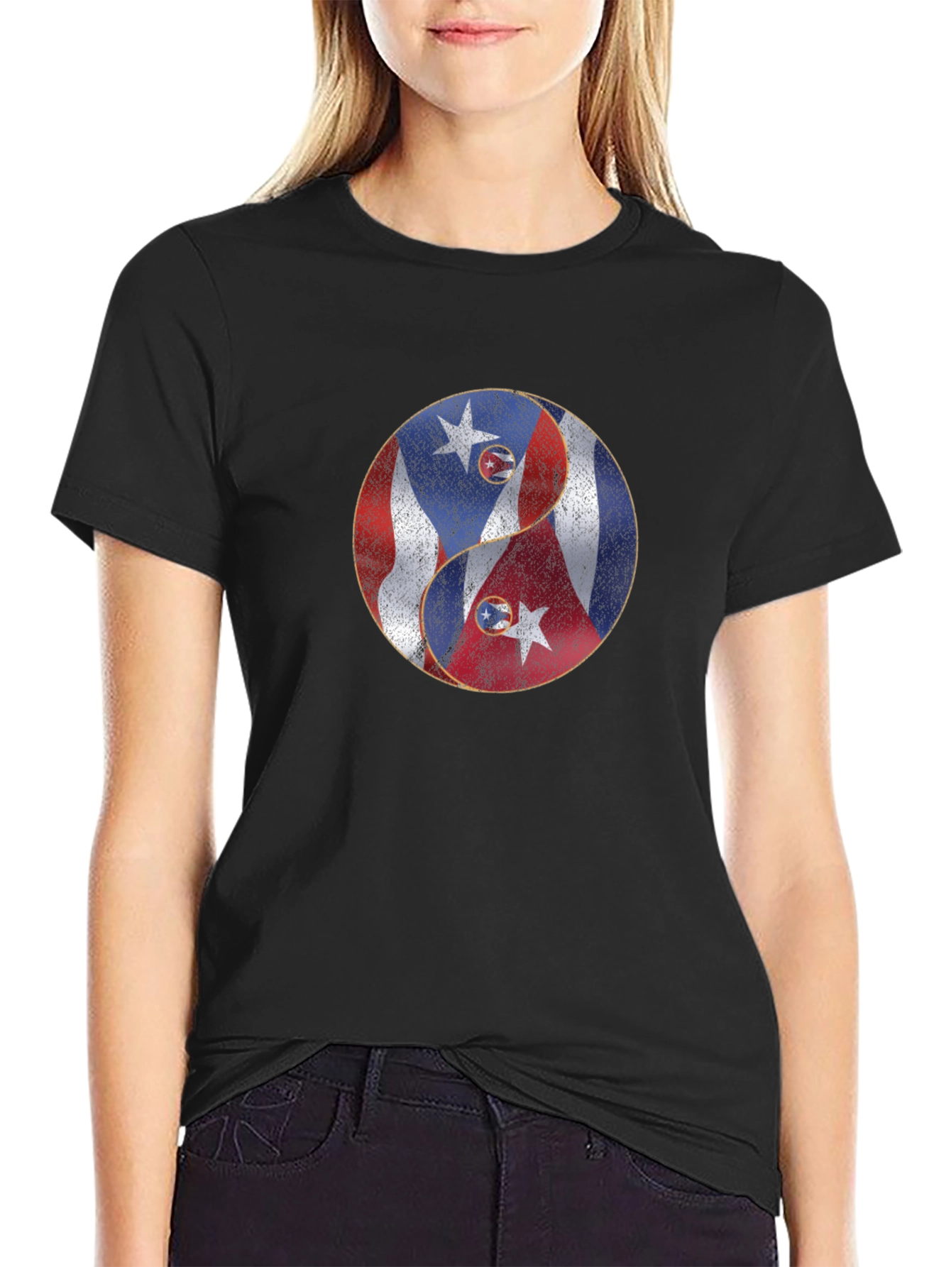 Yin Yang Puerto Rico Cuba Flag Graphic T-Shirt