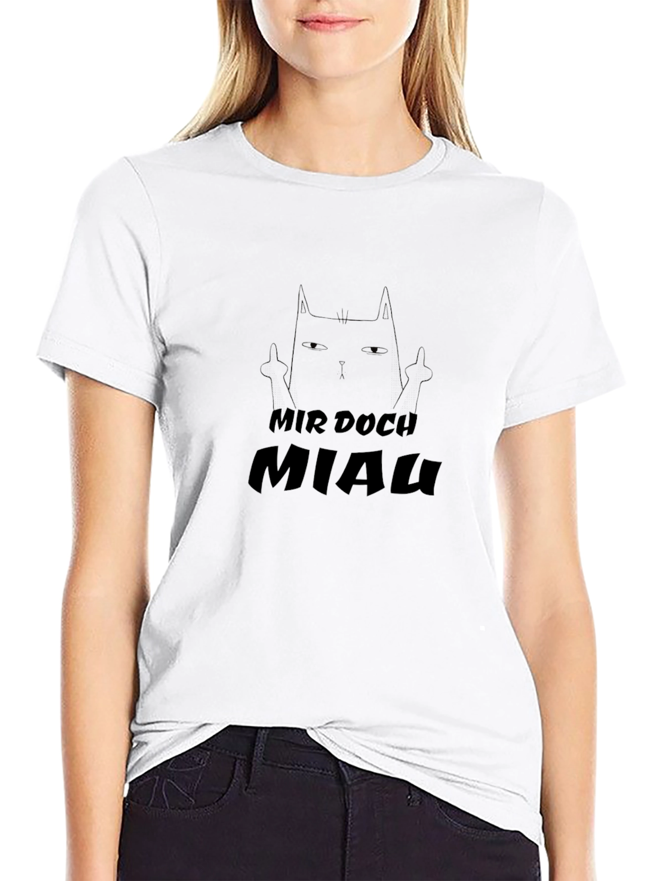 Black T-Shirt with Mir Doch Miau Cat Design