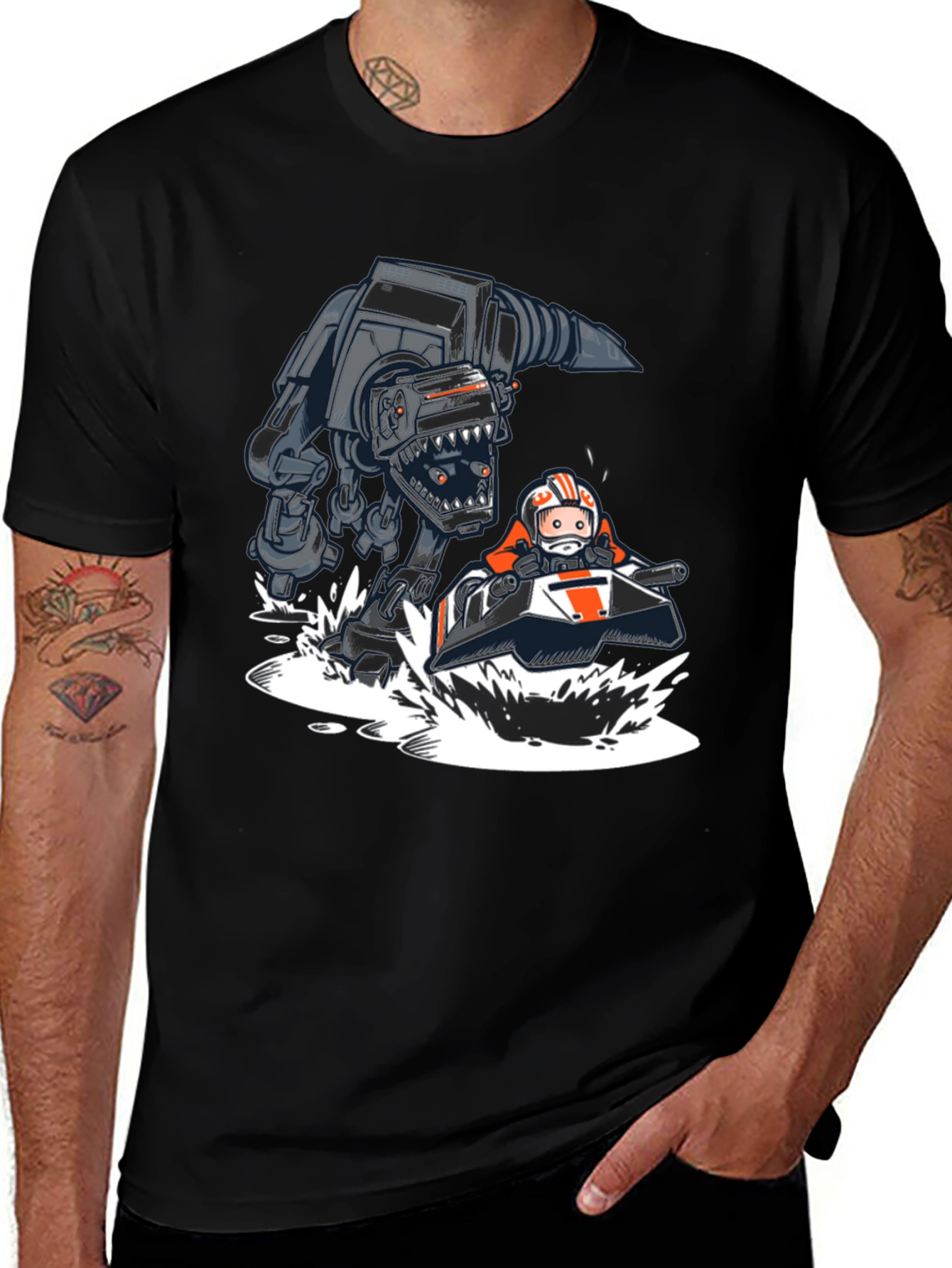 Cool Cartoon AT-AT vs Snowspeeder Black Tee