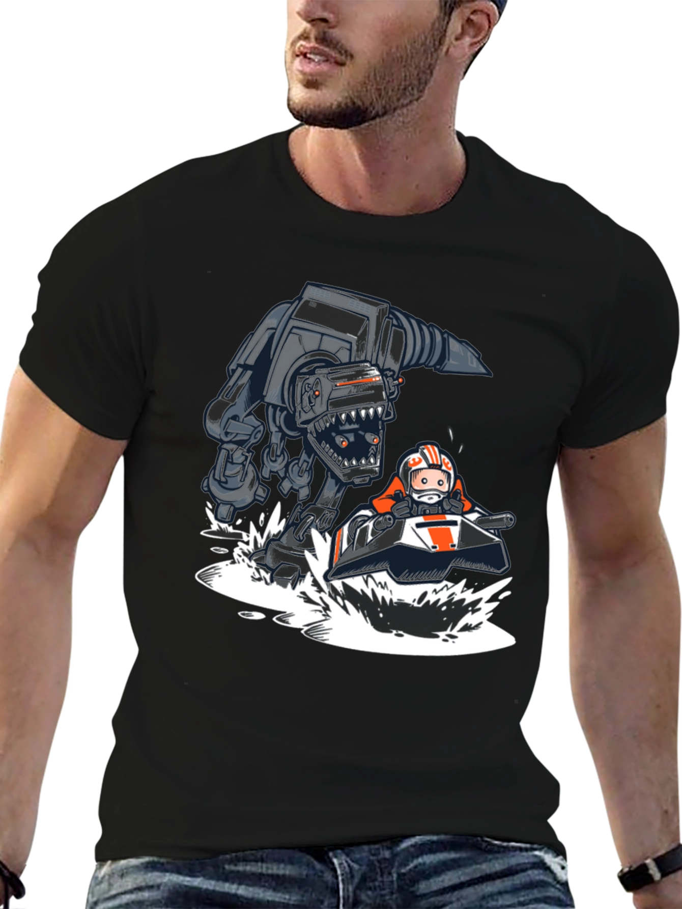 Cool Cartoon AT-AT vs Snowspeeder Black Tee