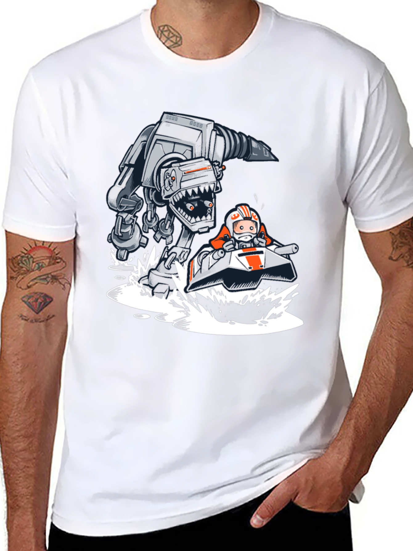 Cool Cartoon AT-AT vs Snowspeeder Black Tee