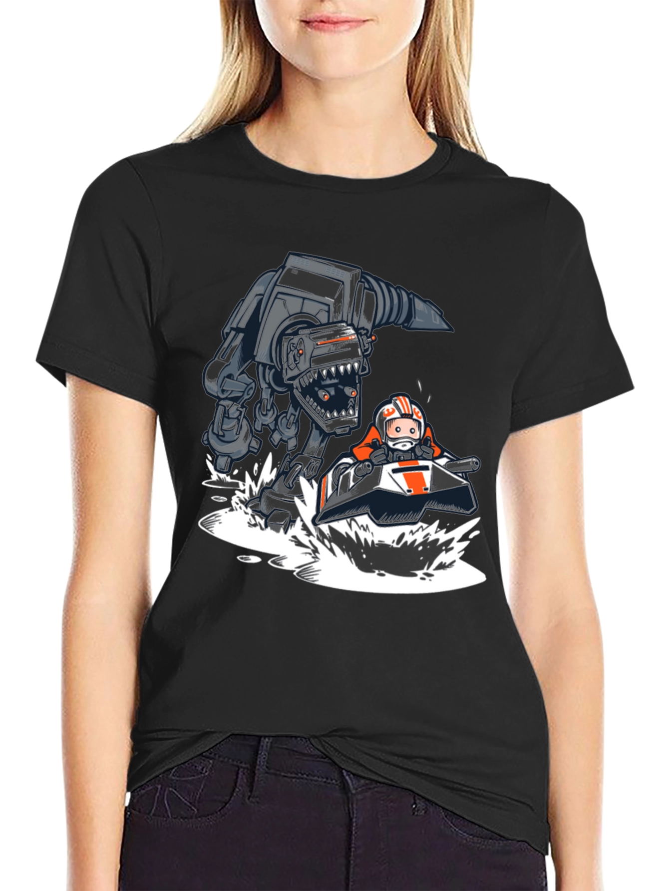 Cool Cartoon AT-AT vs Snowspeeder Black Tee