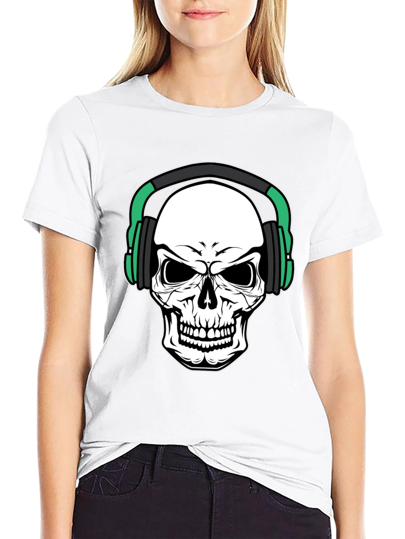 Skull Headphone Graphic Print Black T-Shirt
