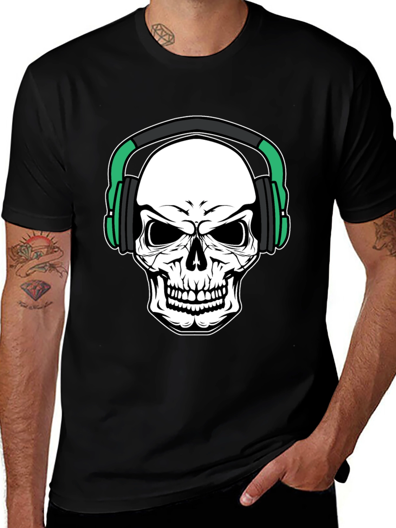 Skull Headphone Graphic Print Black T-Shirt