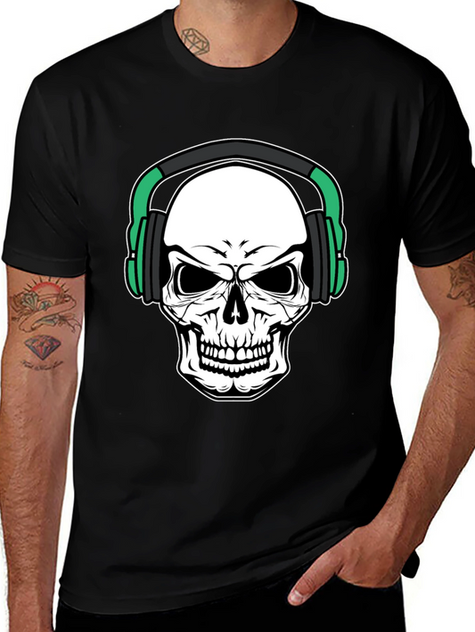 Skull Headphone Graphic Print Black T-Shirt