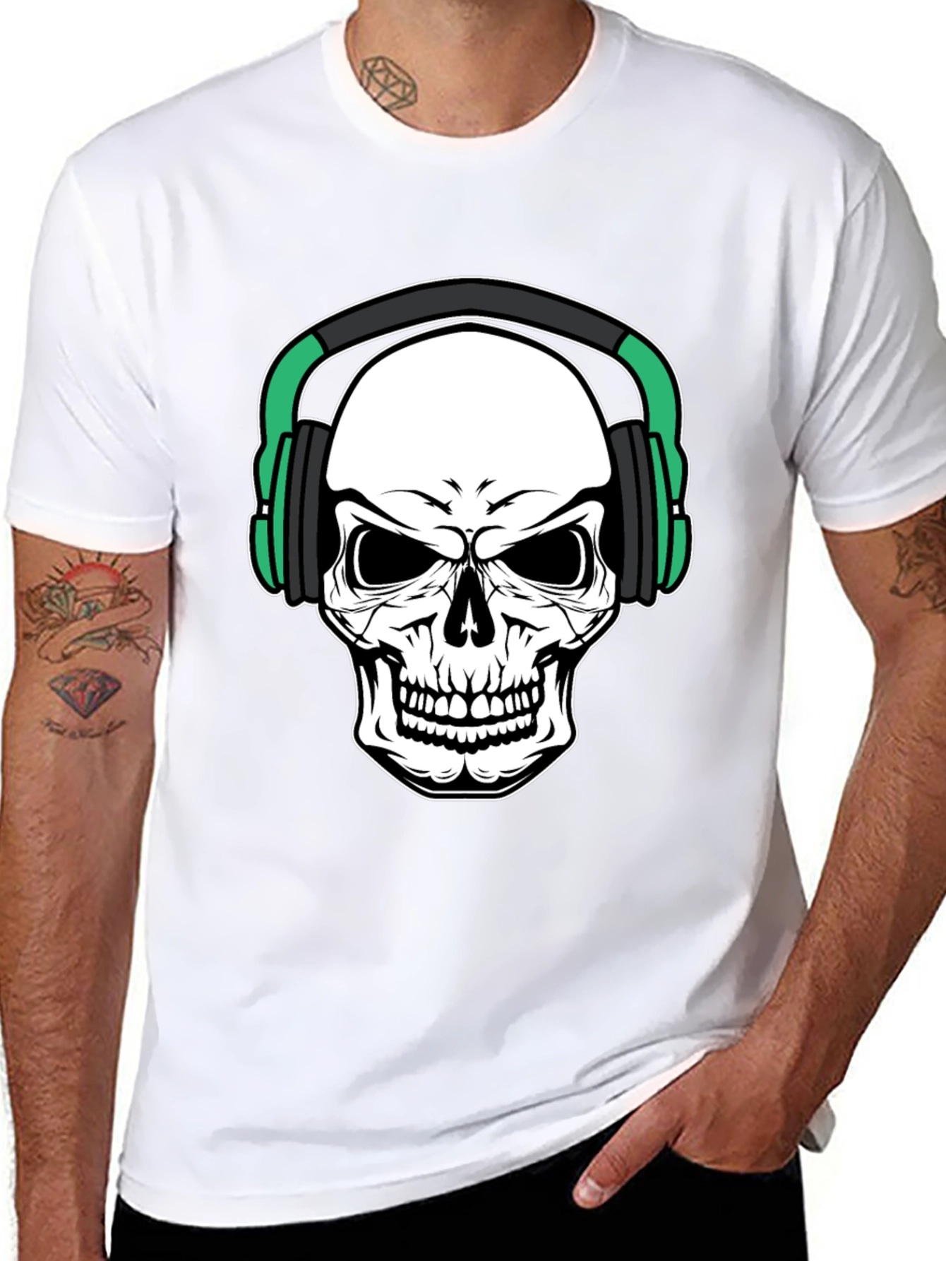 Skull Headphone Graphic Print Black T-Shirt
