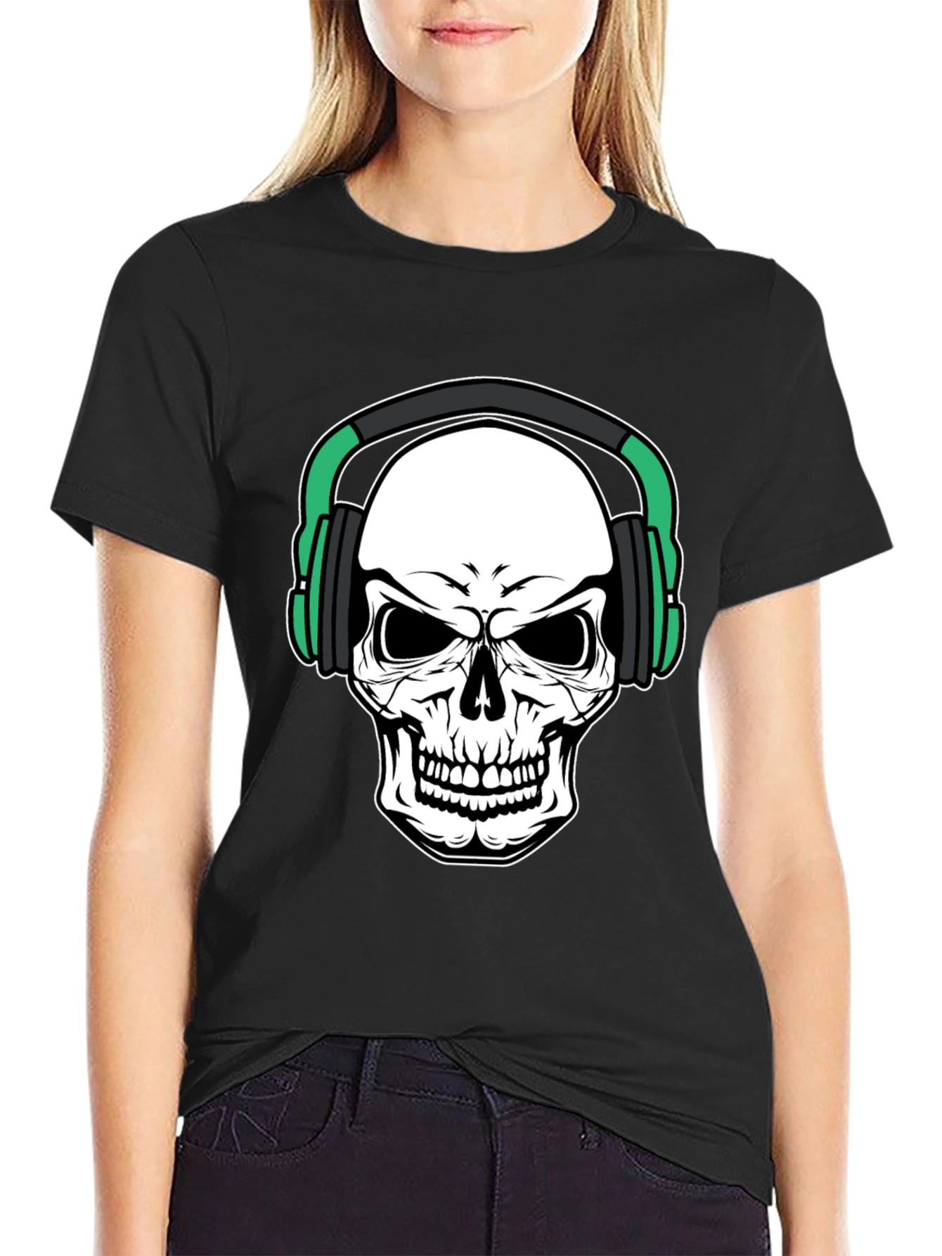 Skull Headphone Graphic Print Black T-Shirt