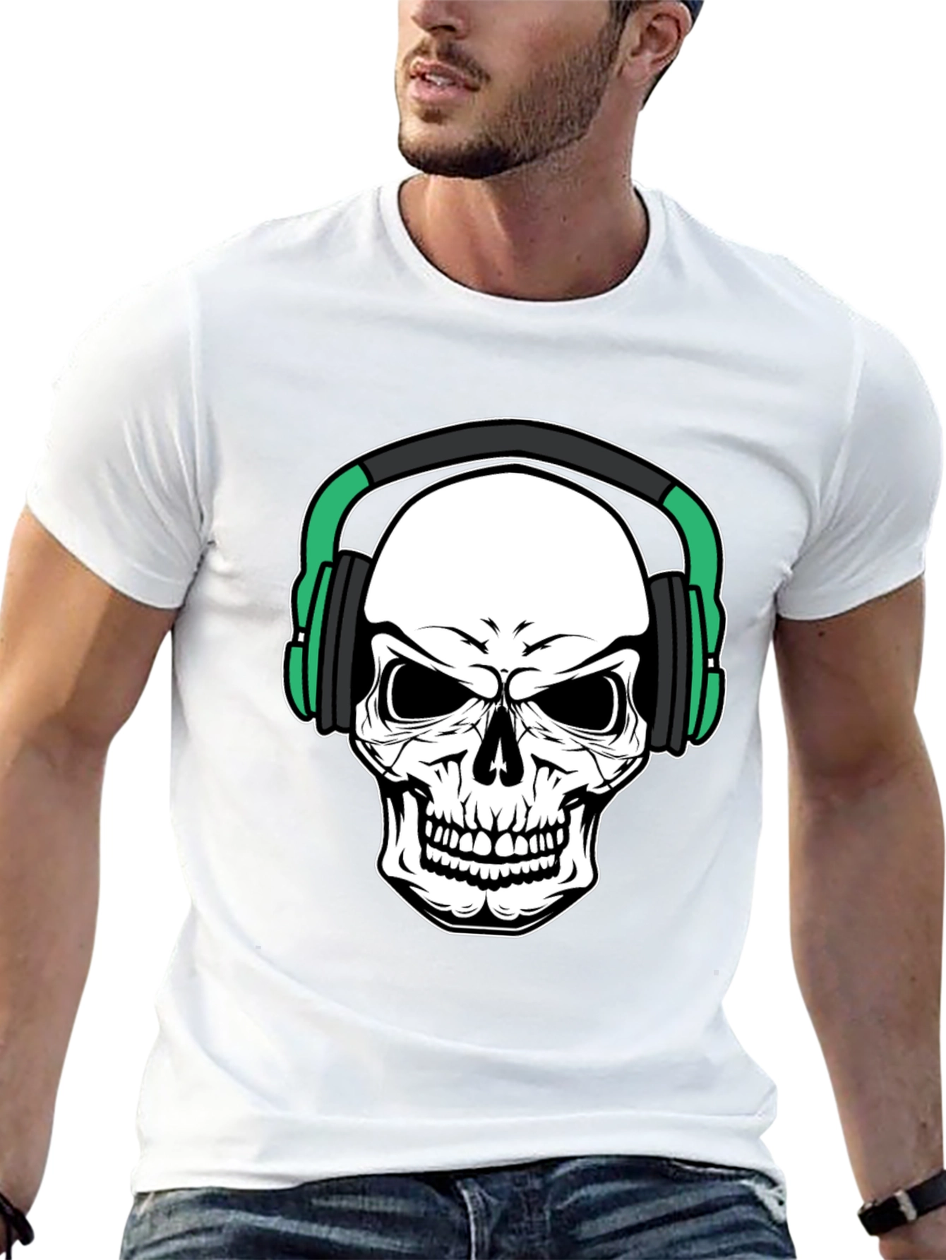 Skull Headphone Graphic Print Black T-Shirt