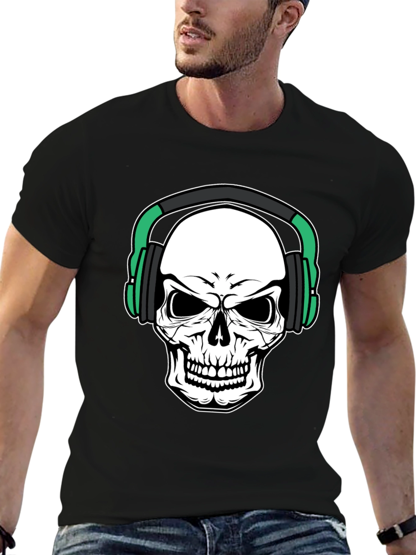 Skull Headphone Graphic Print Black T-Shirt