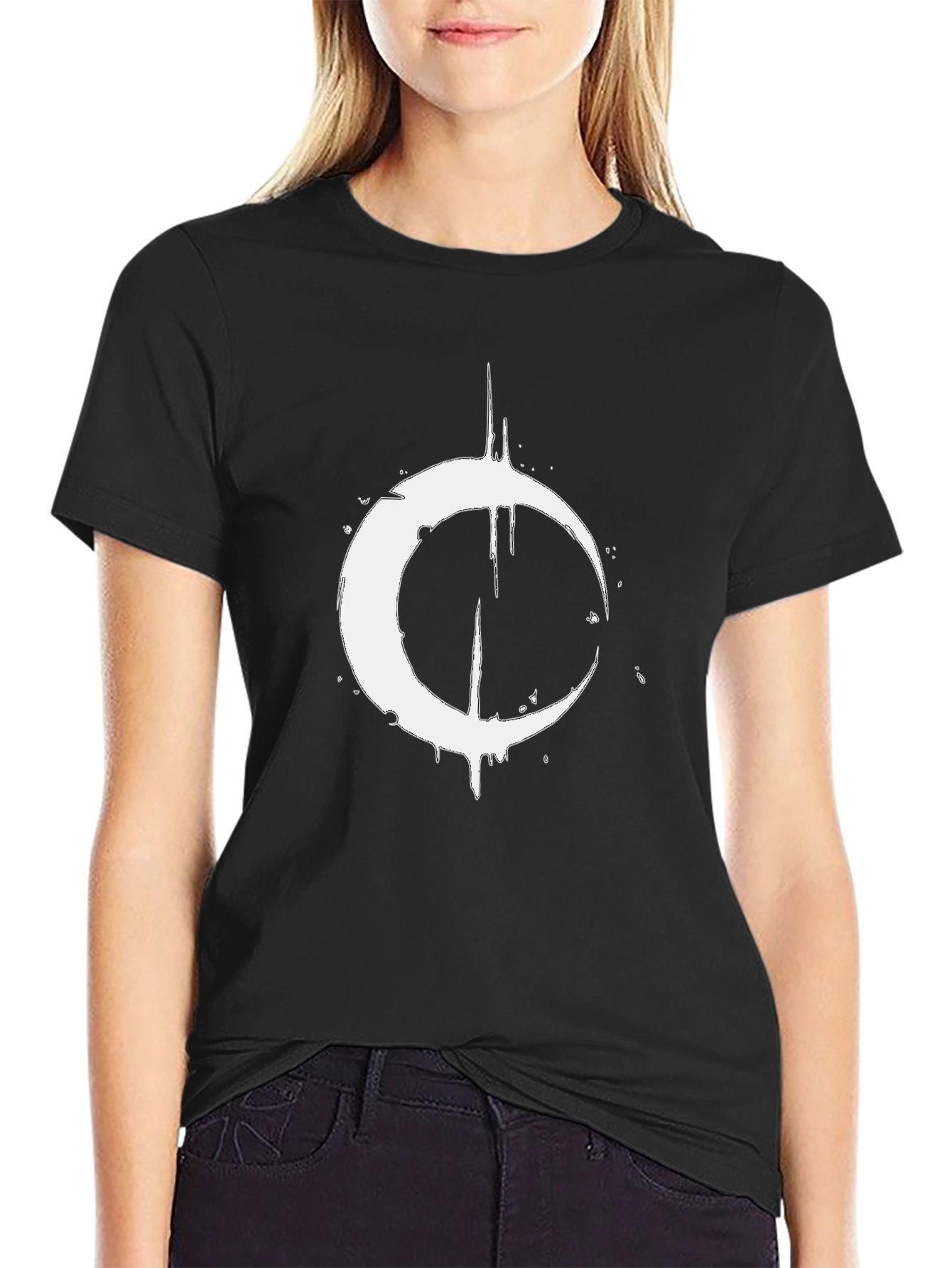 Mens Black T-Shirt with Distressed Crescent Moon Graphic