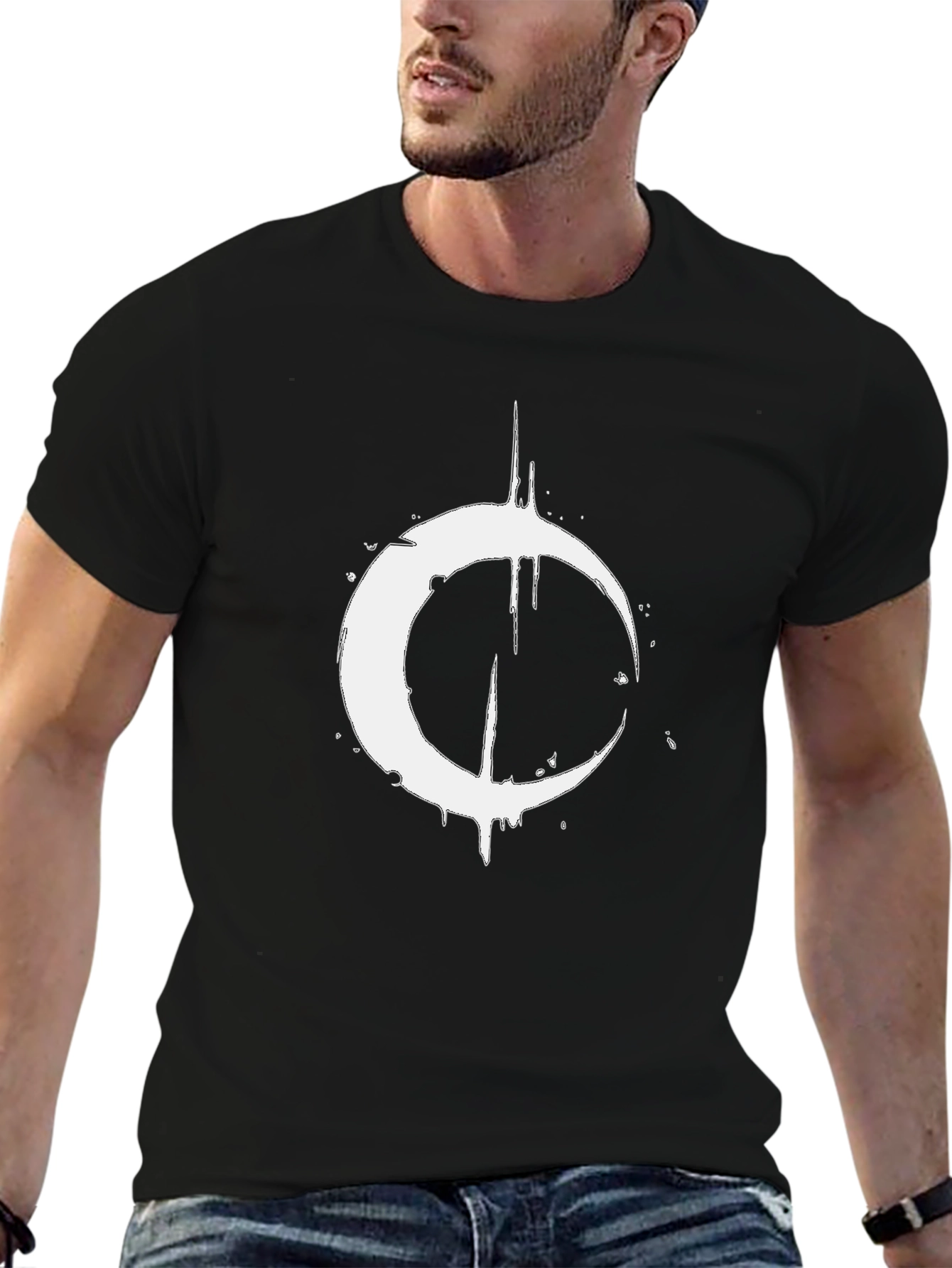 Mens Black T-Shirt with Distressed Crescent Moon Graphic