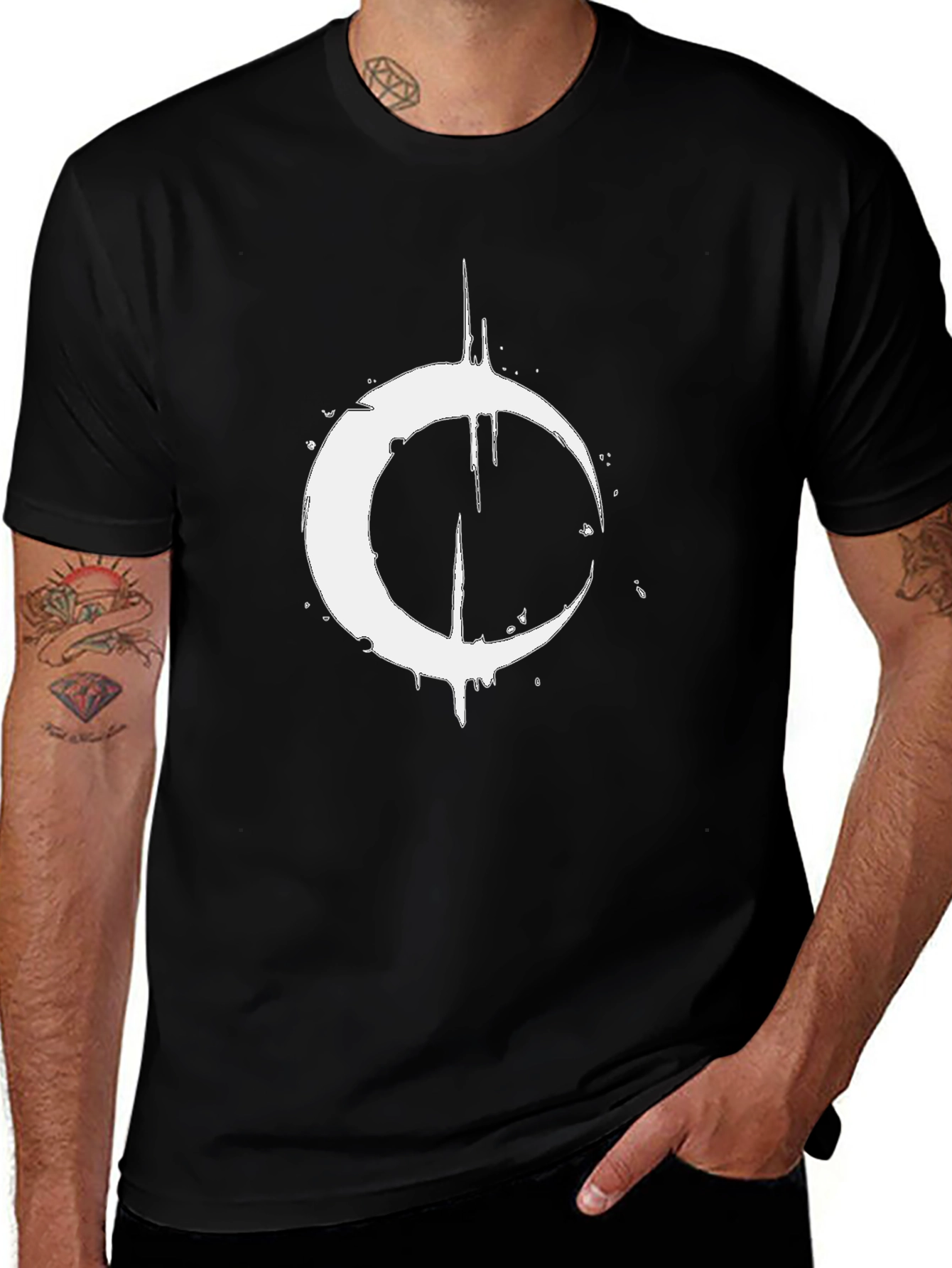 Mens Black T-Shirt with Distressed Crescent Moon Graphic