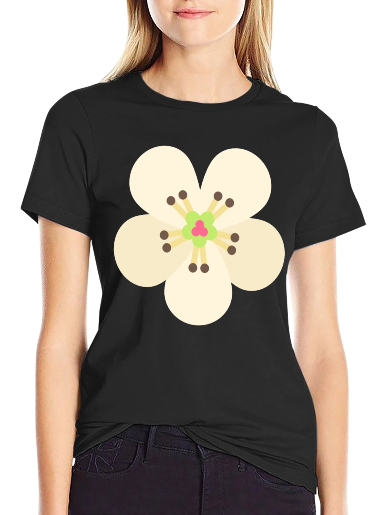 Floral Print Black Crew Neck T-Shirt