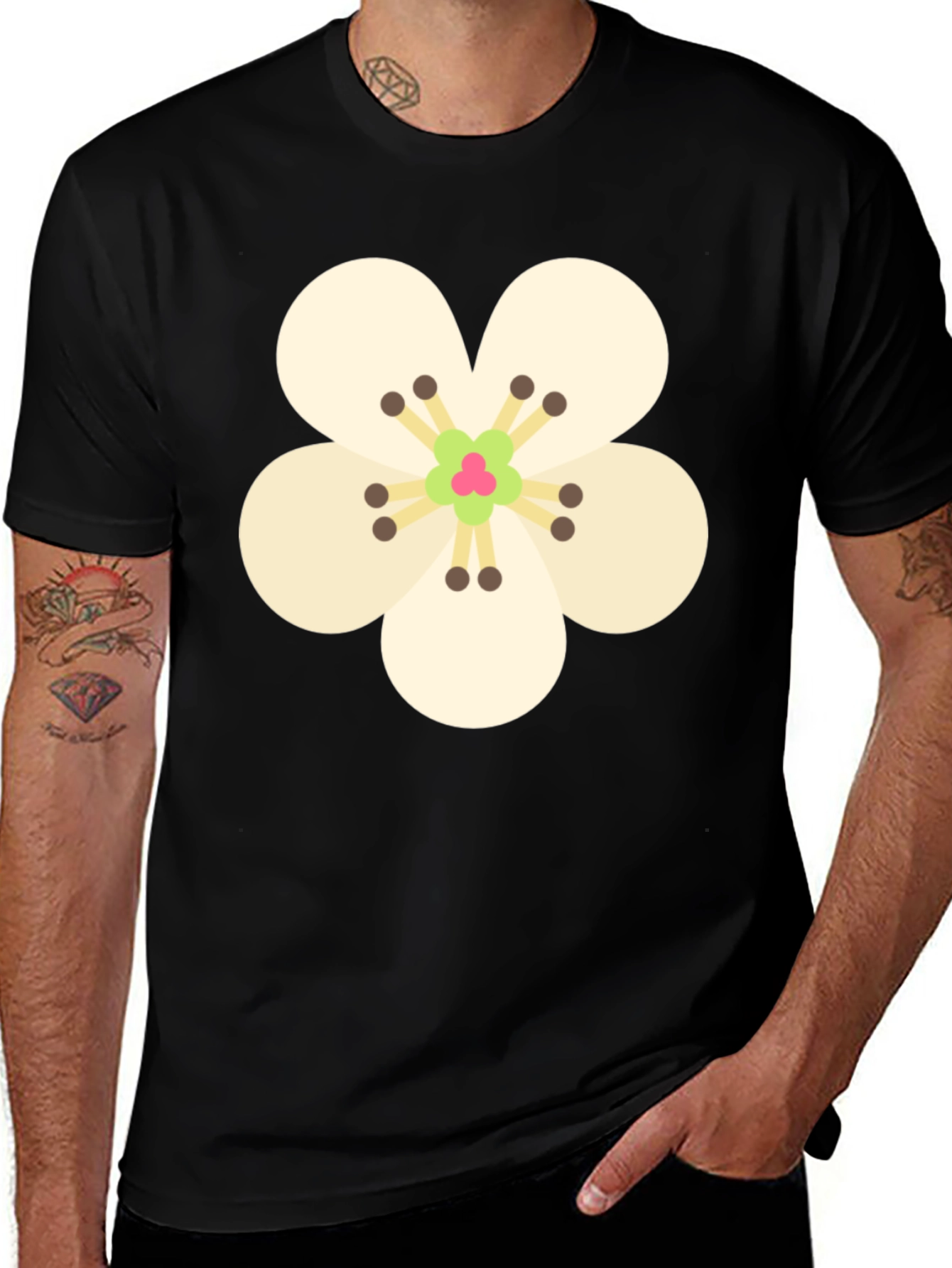 Floral Print Black Crew Neck T-Shirt