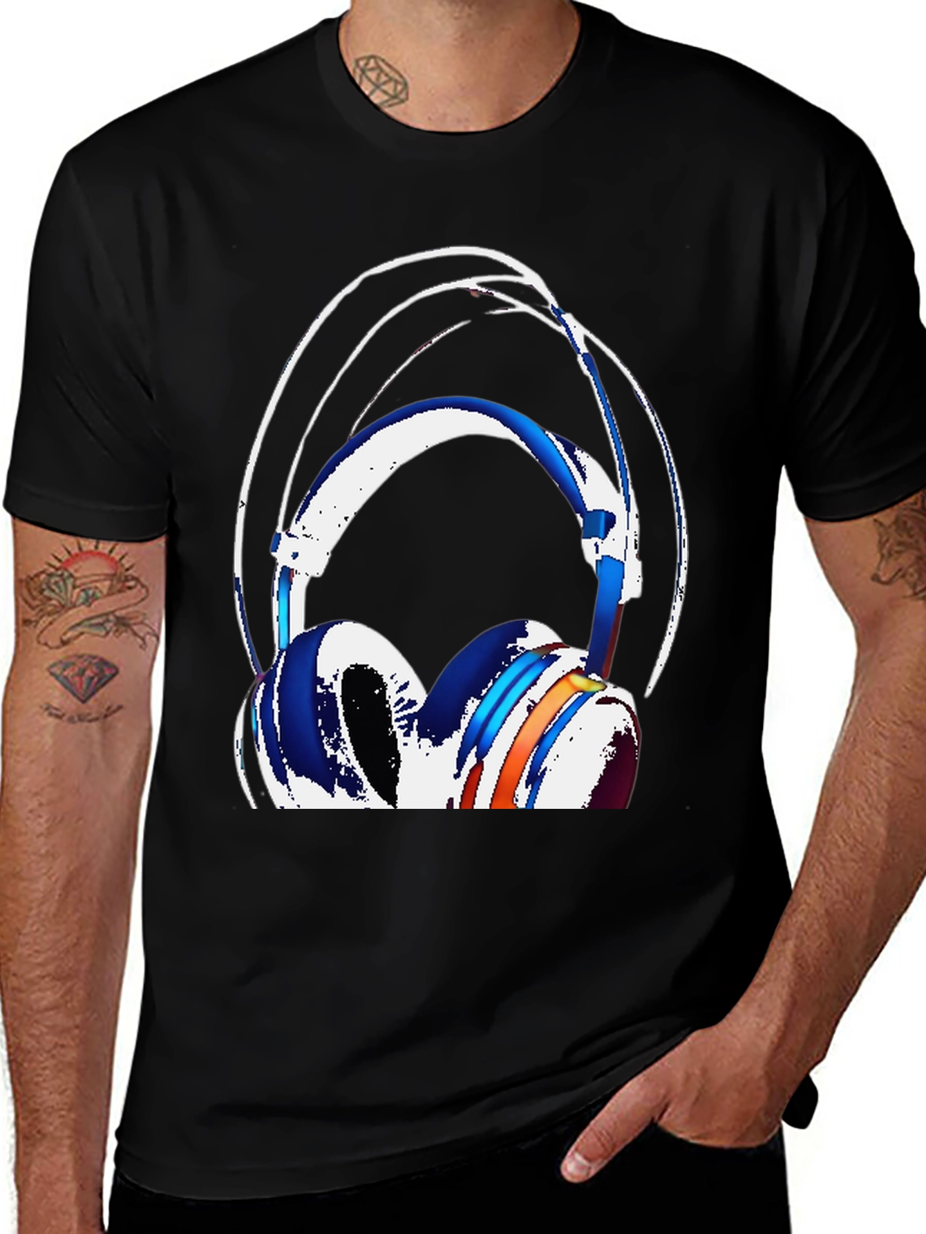 Stylish Headphones Graphic Tee - Black Cotton Blend