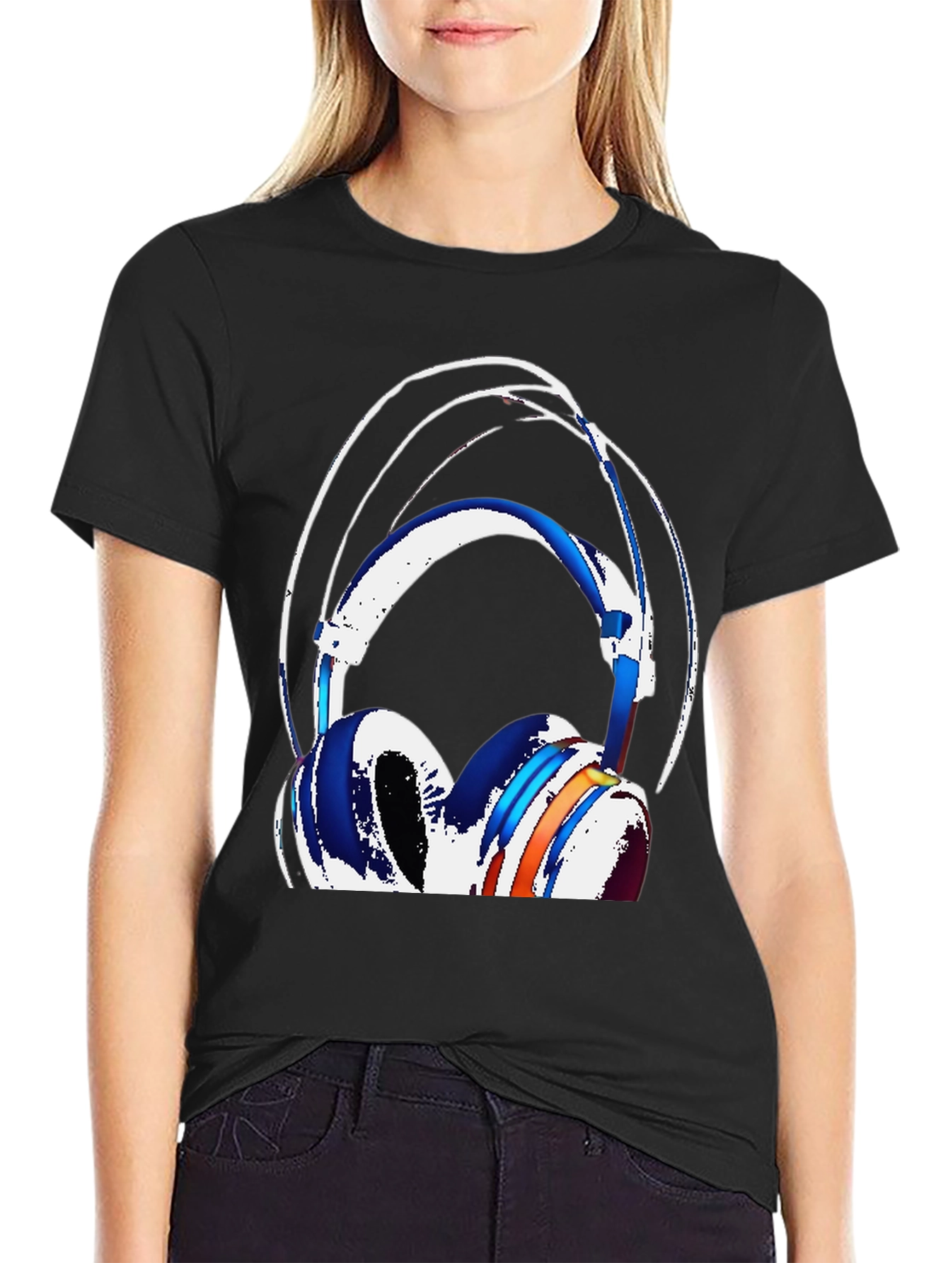 Stylish Headphones Graphic Tee - Black Cotton Blend