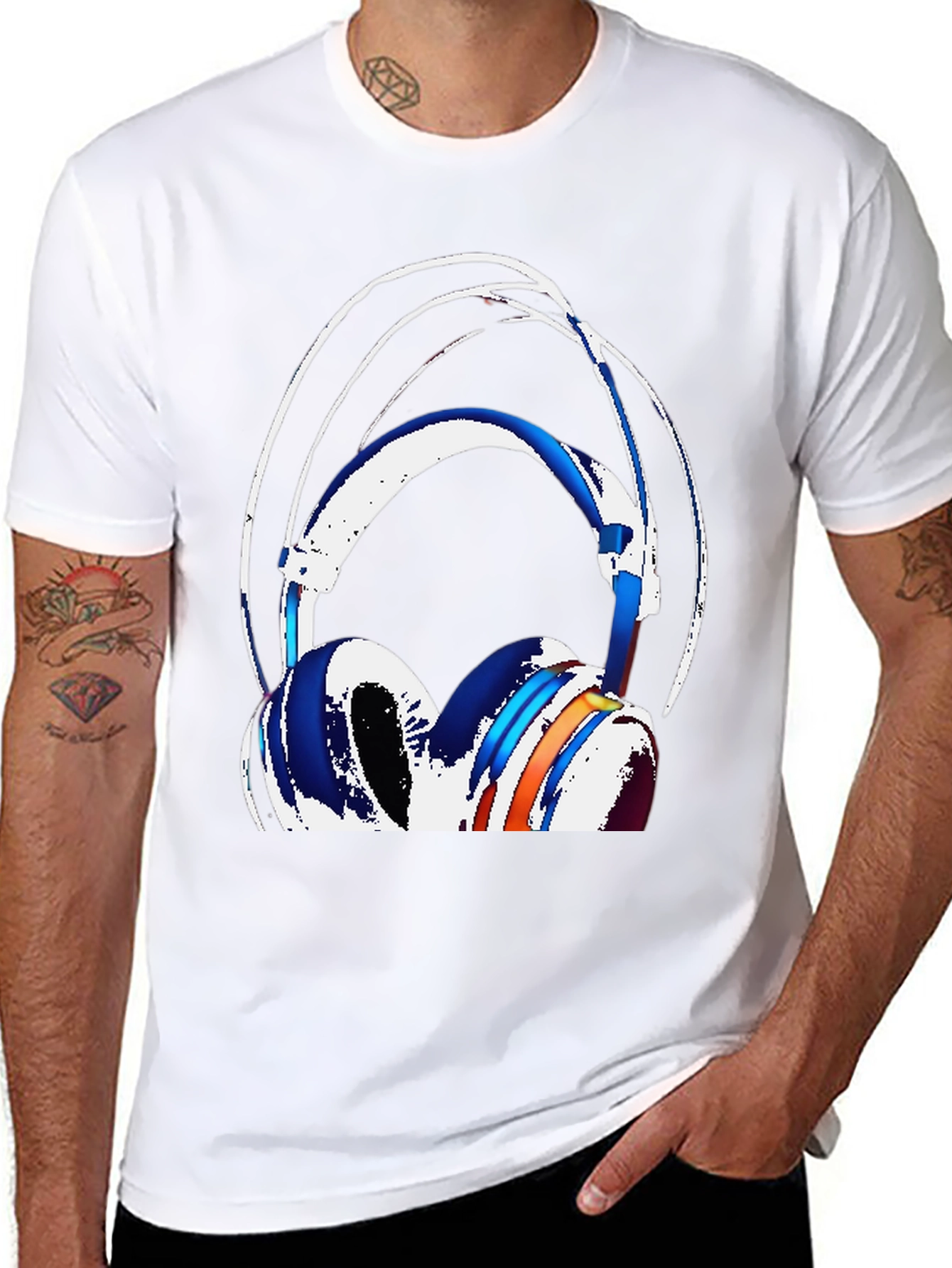 Stylish Headphones Graphic Tee - Black Cotton Blend