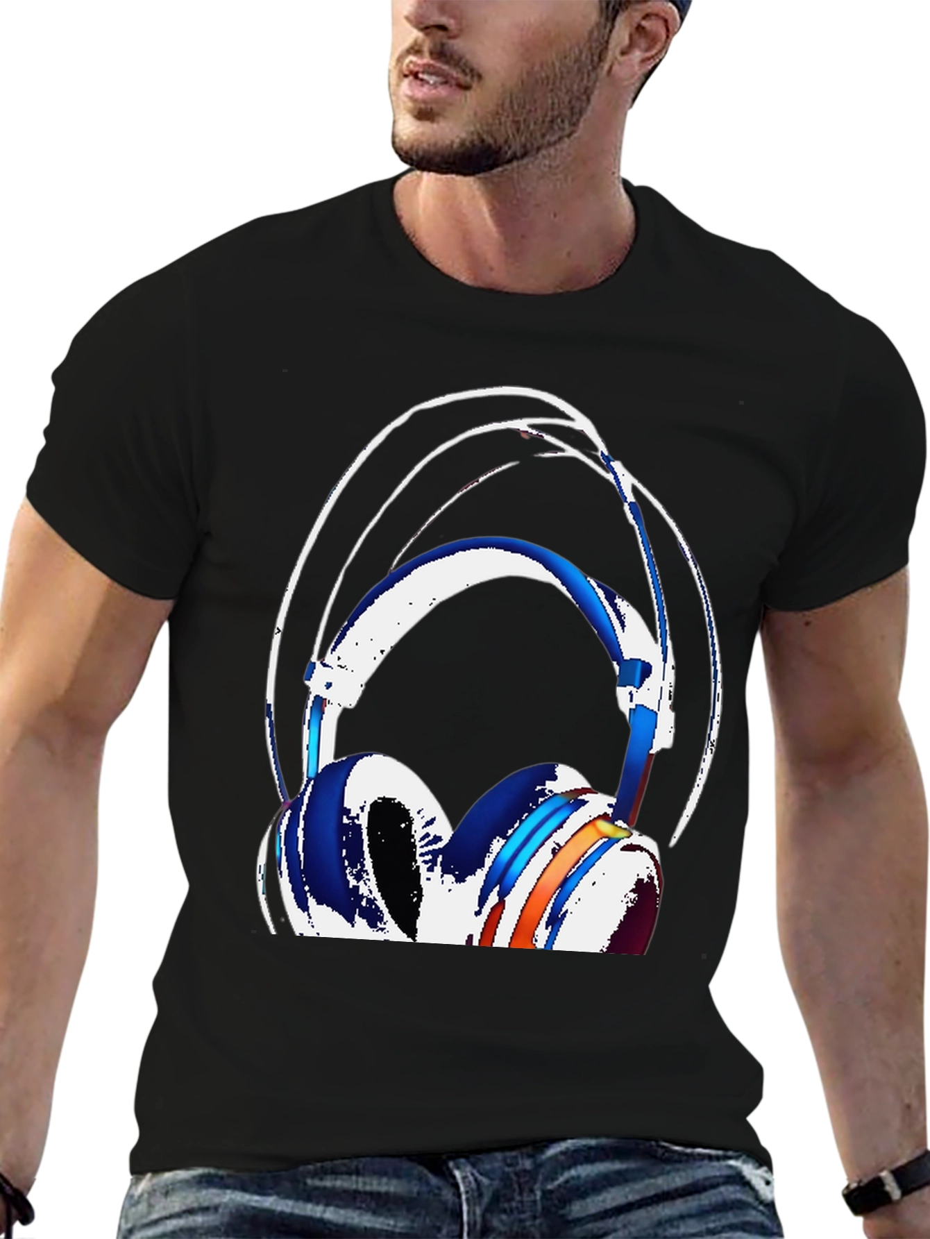 Stylish Headphones Graphic Tee - Black Cotton Blend