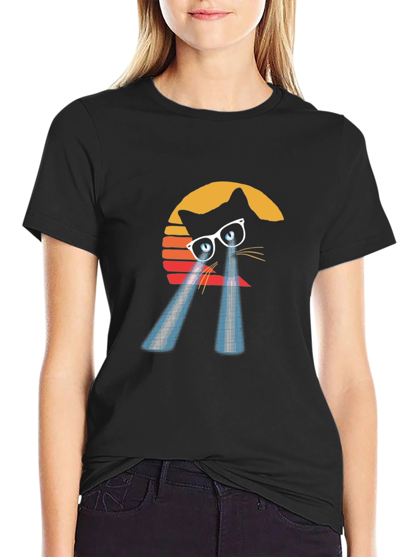 Laser Cat Eyes T-Shirt - Retro Sunset Style