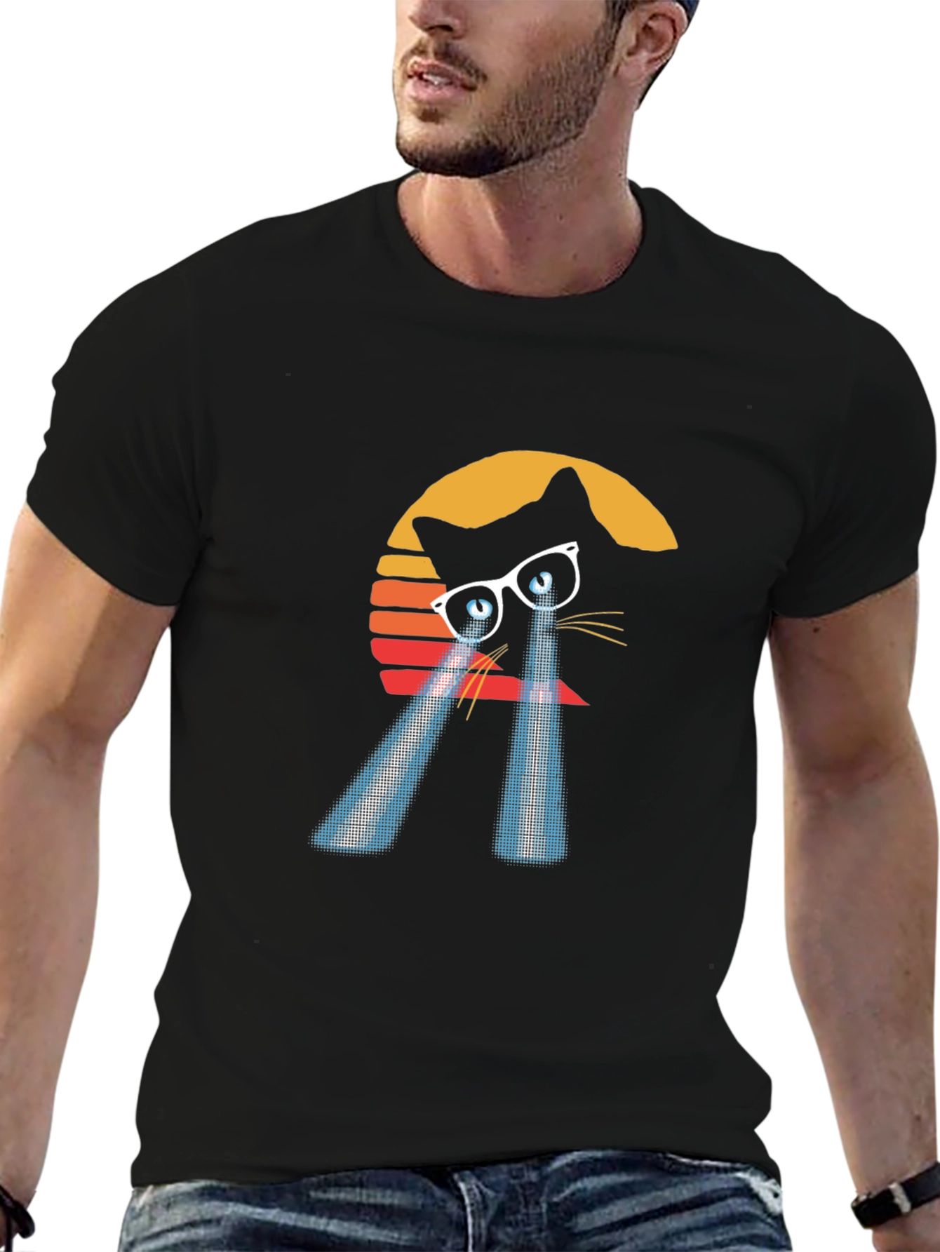 Laser Cat Eyes T-Shirt - Retro Sunset Style