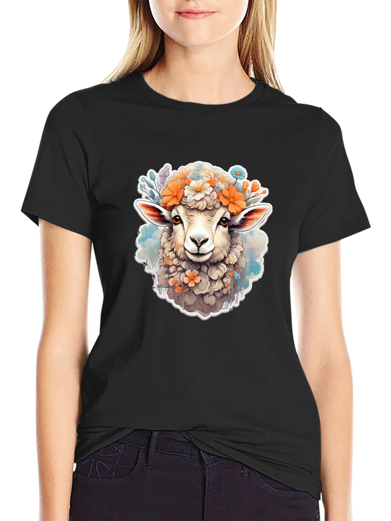 Floral Sheep Graphic Tee - Cute Animal Print