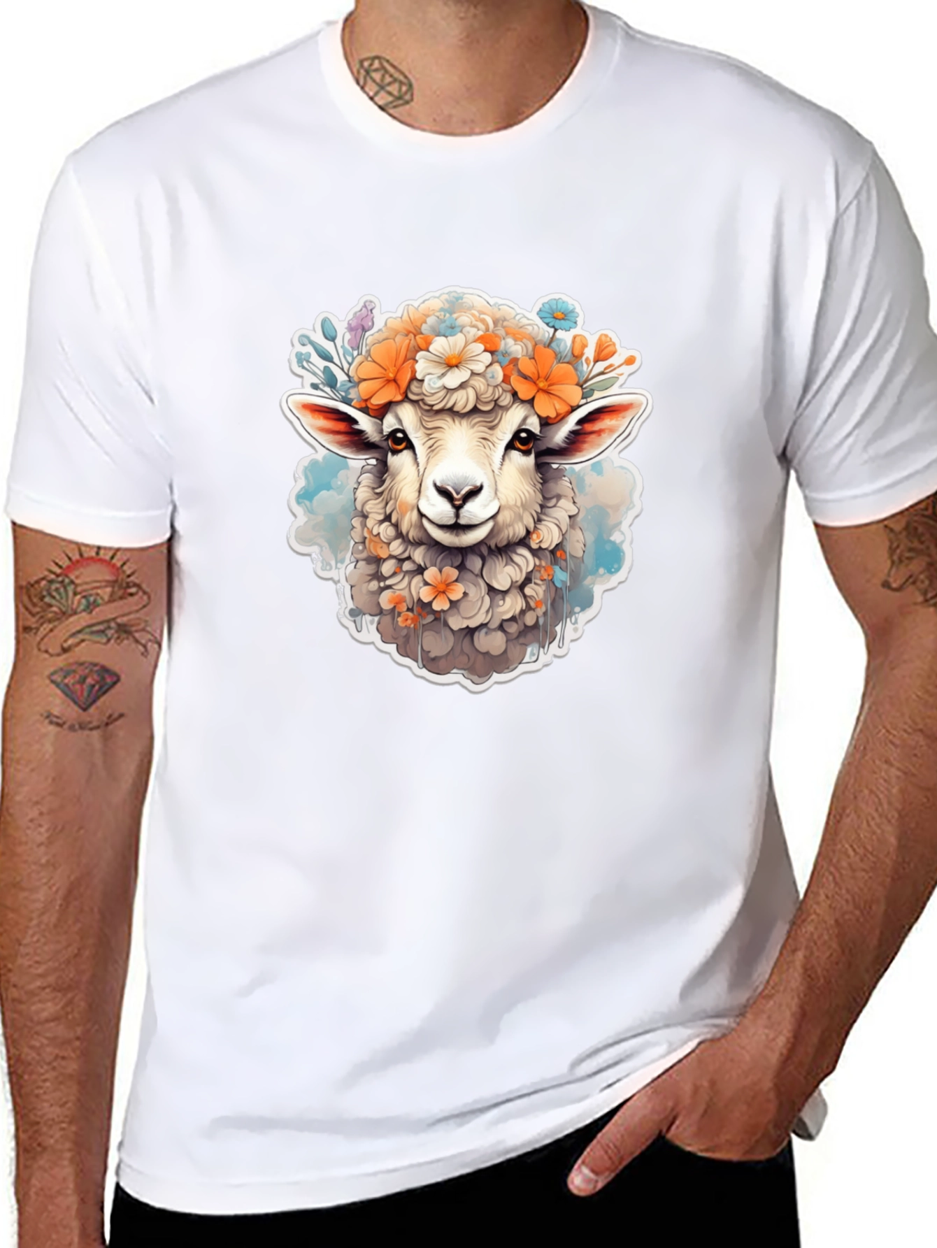 Floral Sheep Graphic Tee - Cute Animal Print