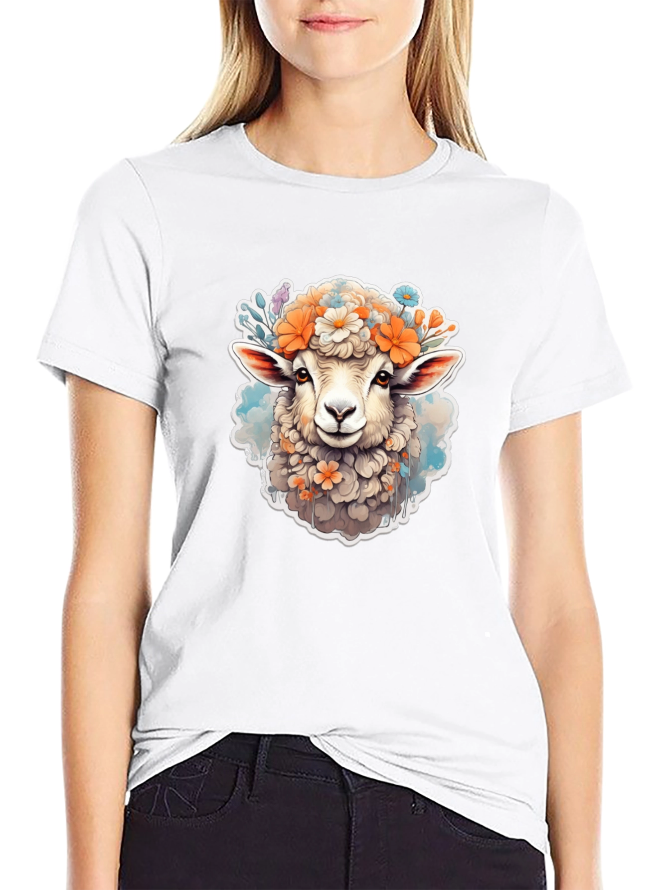 Floral Sheep Graphic Tee - Cute Animal Print