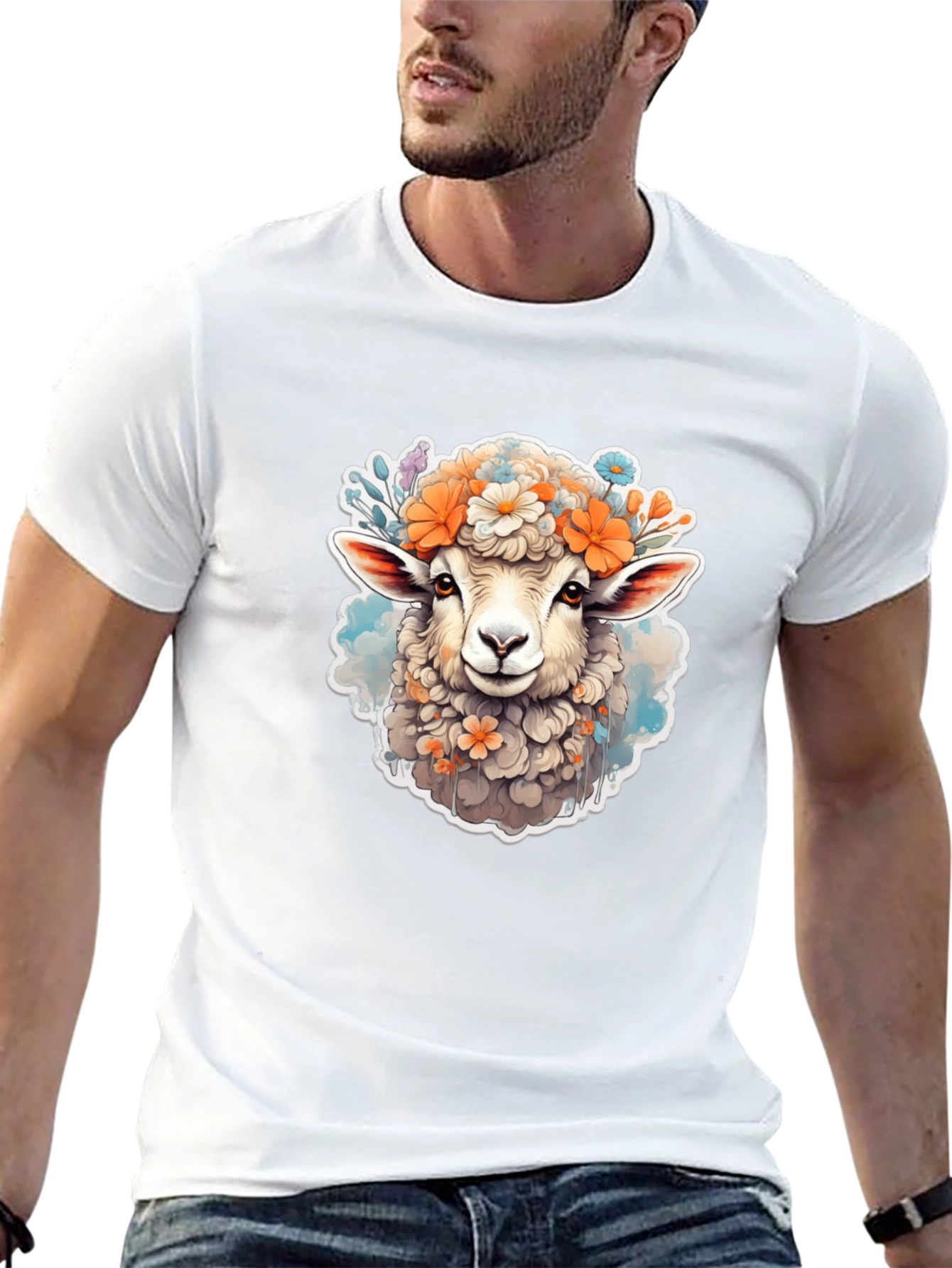 Floral Sheep Graphic Tee - Cute Animal Print