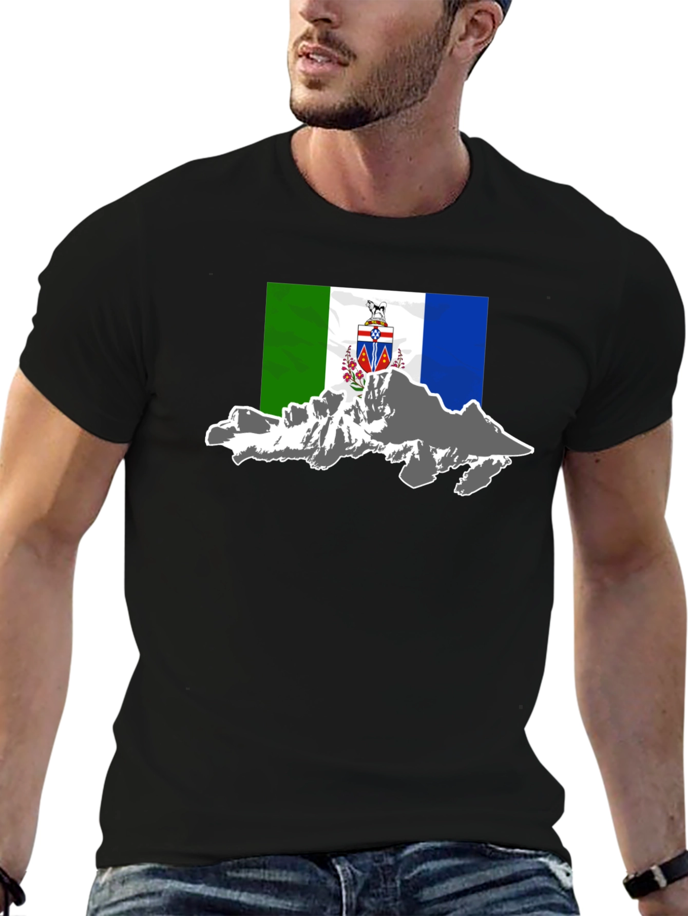 Black T-Shirt with Mountain Flag Graphic