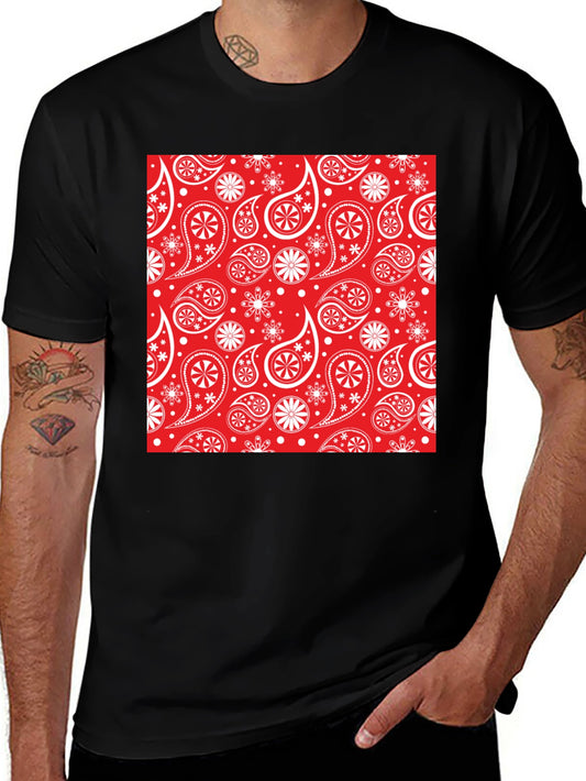 Red Paisley Pattern Black T-Shirt
