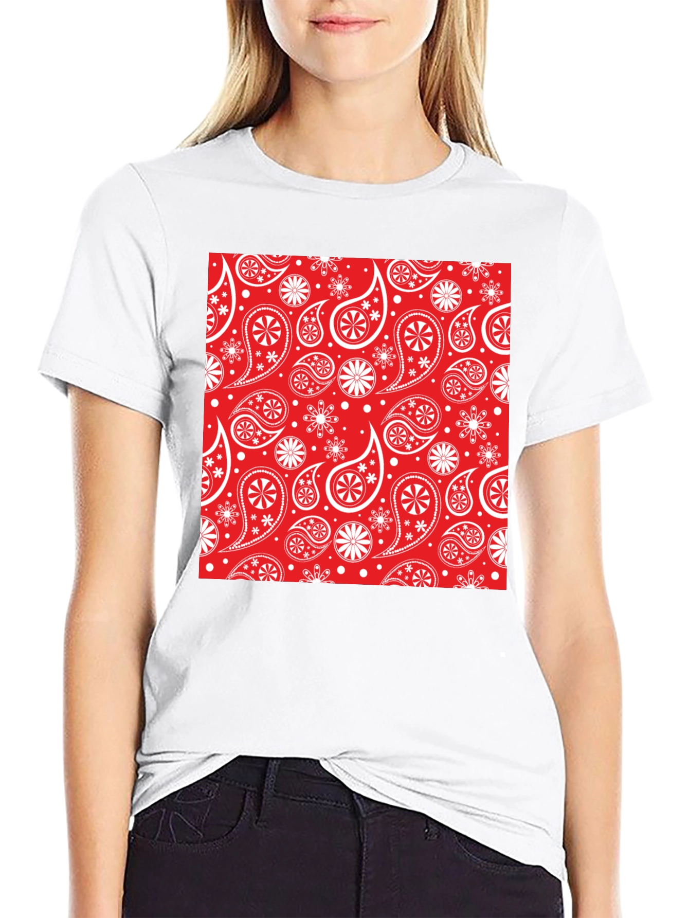 Red Paisley Pattern Black T-Shirt