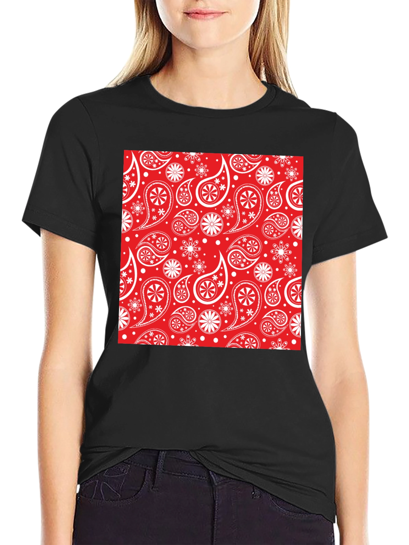 Red Paisley Pattern Black T-Shirt