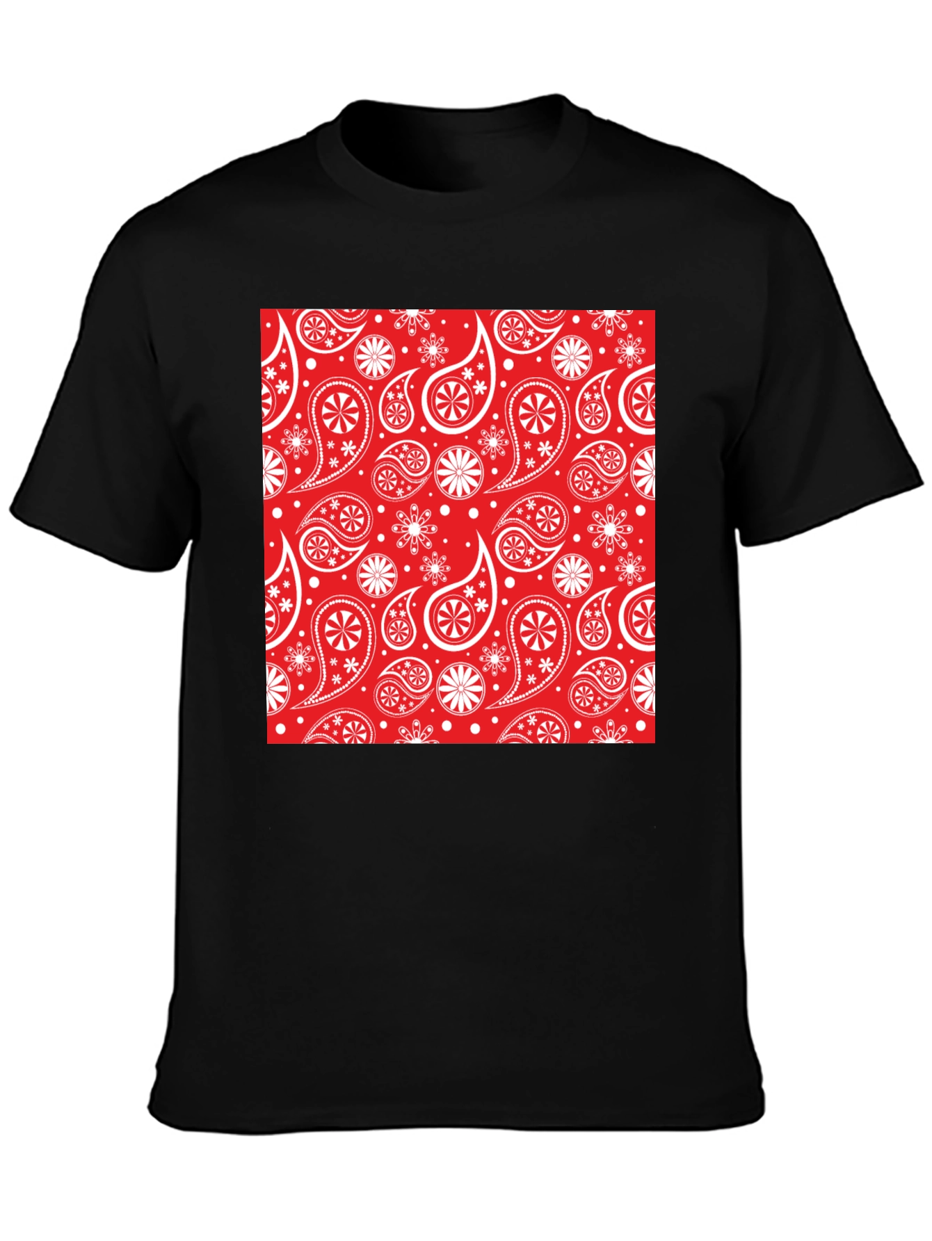 Red Paisley Pattern Black T-Shirt