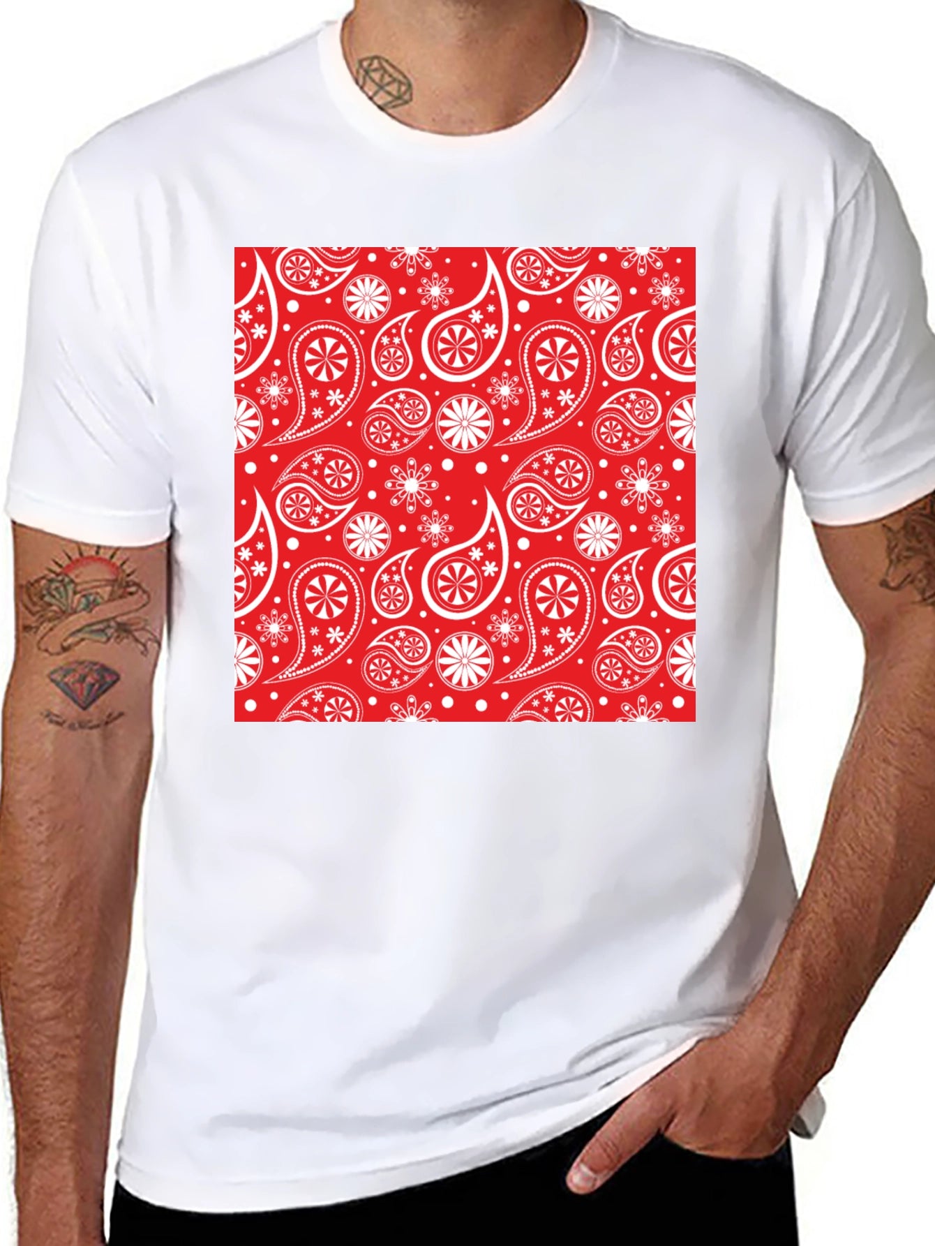 Red Paisley Pattern Black T-Shirt