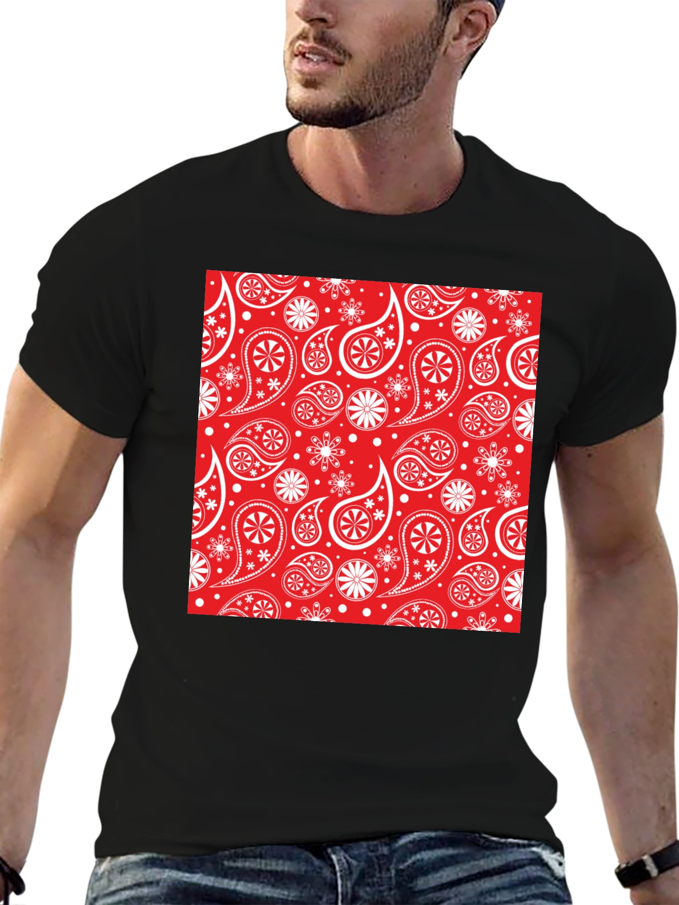 Red Paisley Pattern Black T-Shirt