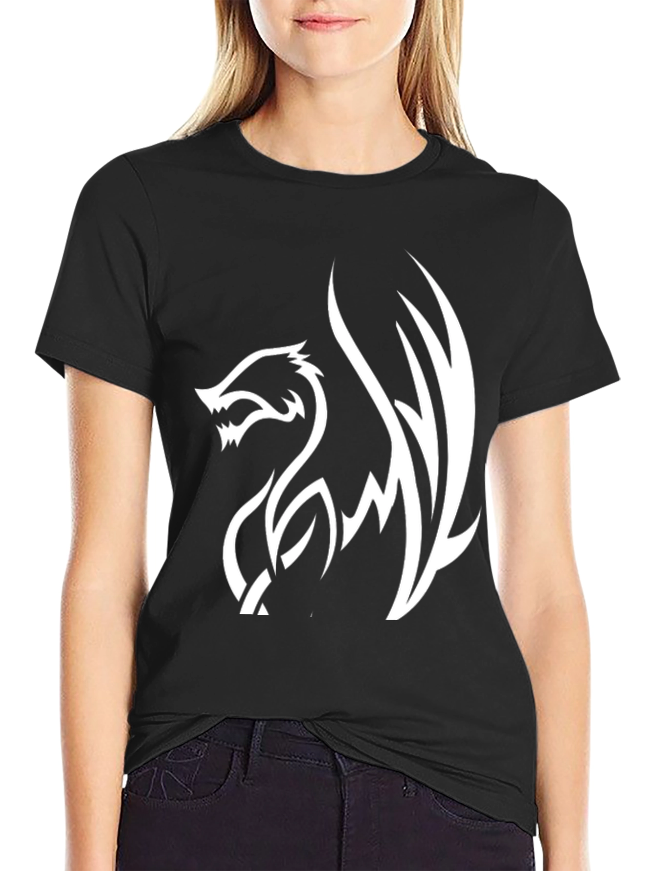 Black Tee with White Dragon Graphic