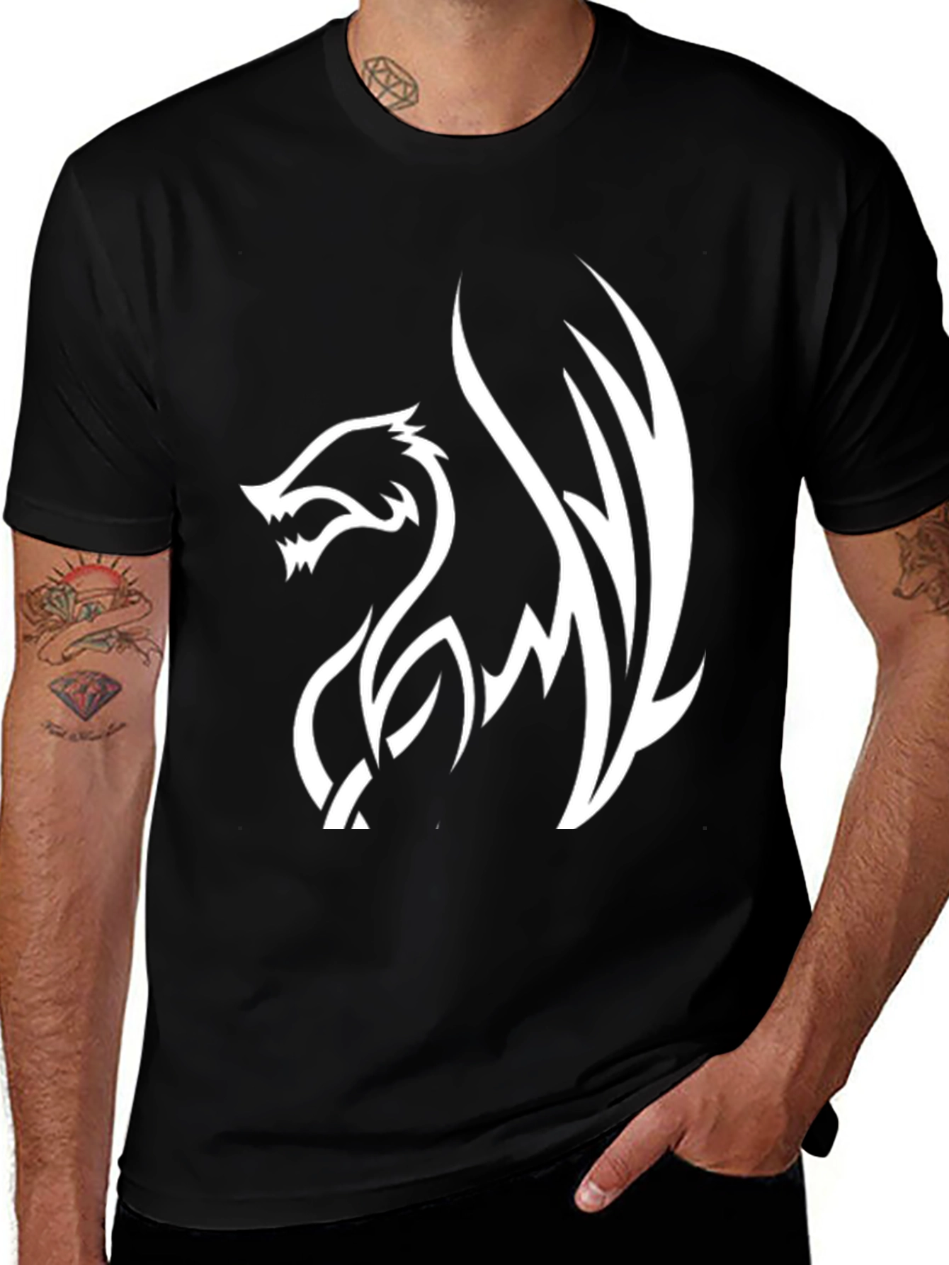 Black Tee with White Dragon Graphic