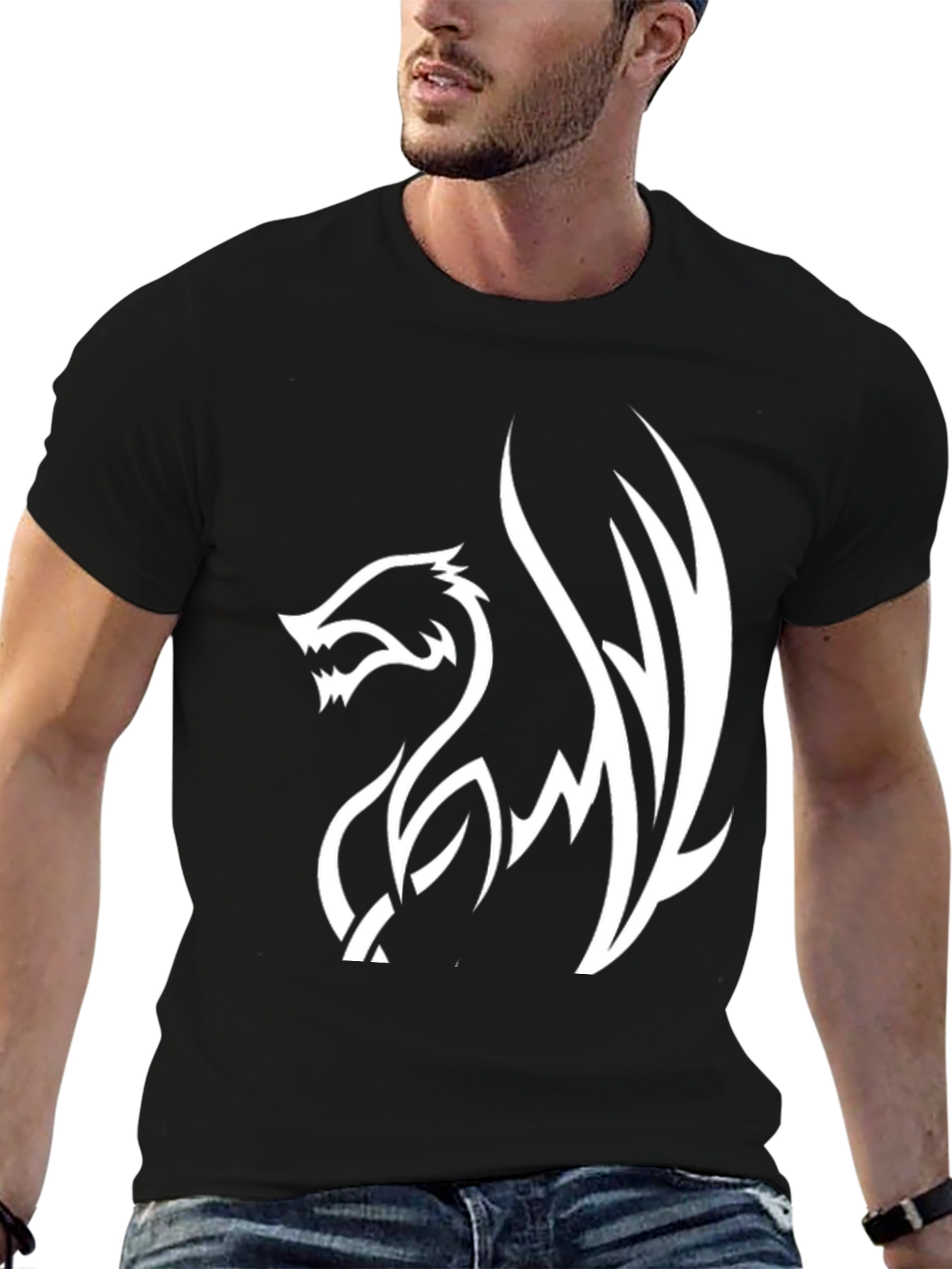 Black Tee with White Dragon Graphic