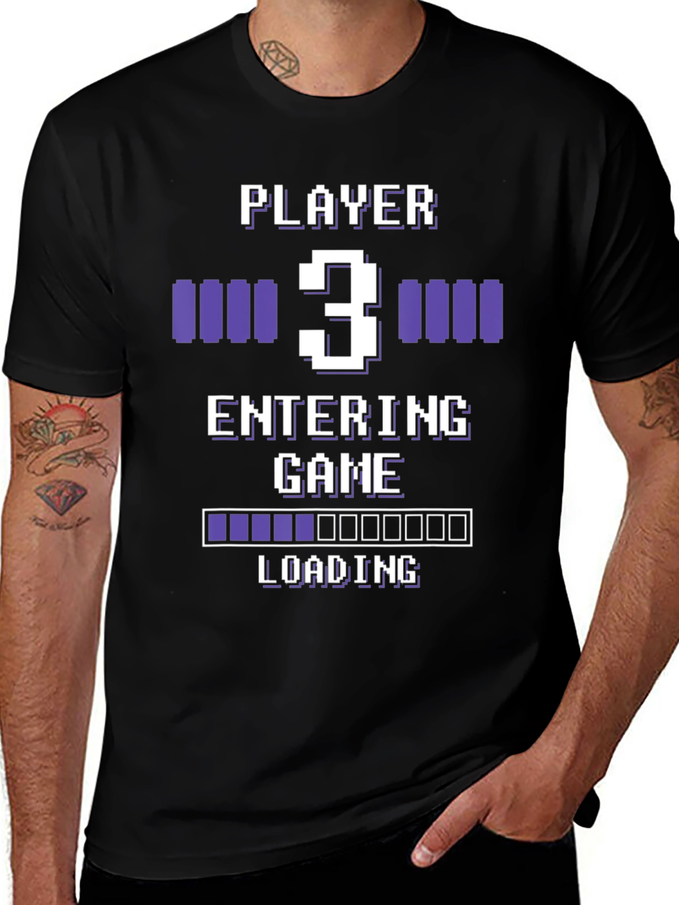 Gamer Player 3 Entering Game Black Graphic Tee
