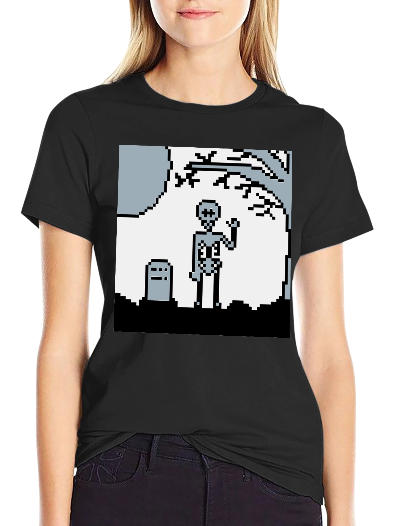 Pixel Skeleton Graphic Tee - Retro Gaming Style Shirt