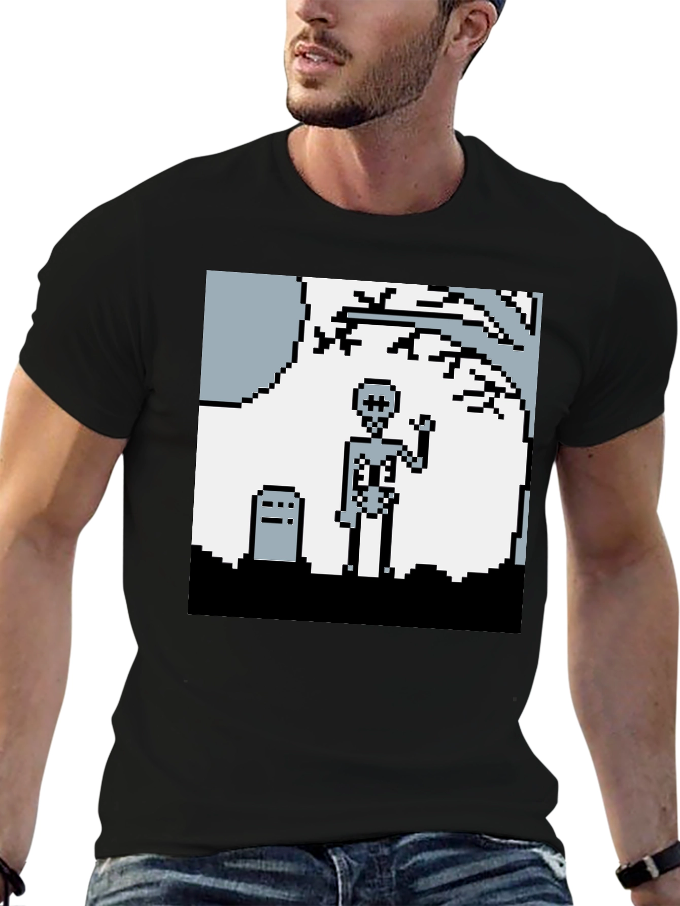 Pixel Skeleton Graphic Tee - Retro Gaming Style Shirt