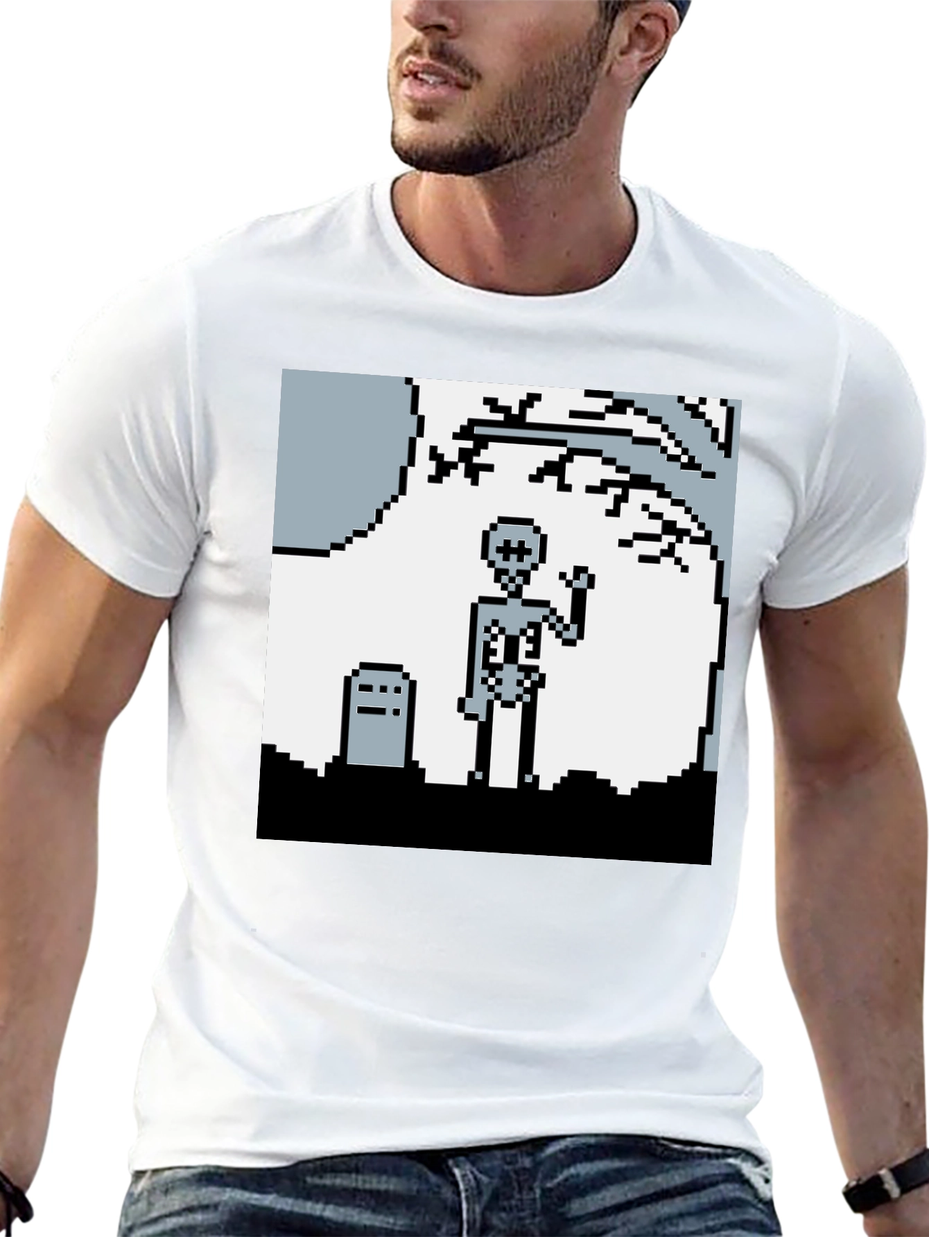 Pixel Skeleton Graphic Tee - Retro Gaming Style Shirt