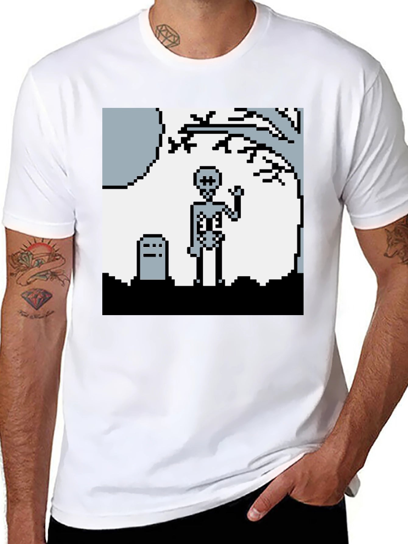 Pixel Skeleton Graphic Tee - Retro Gaming Style Shirt