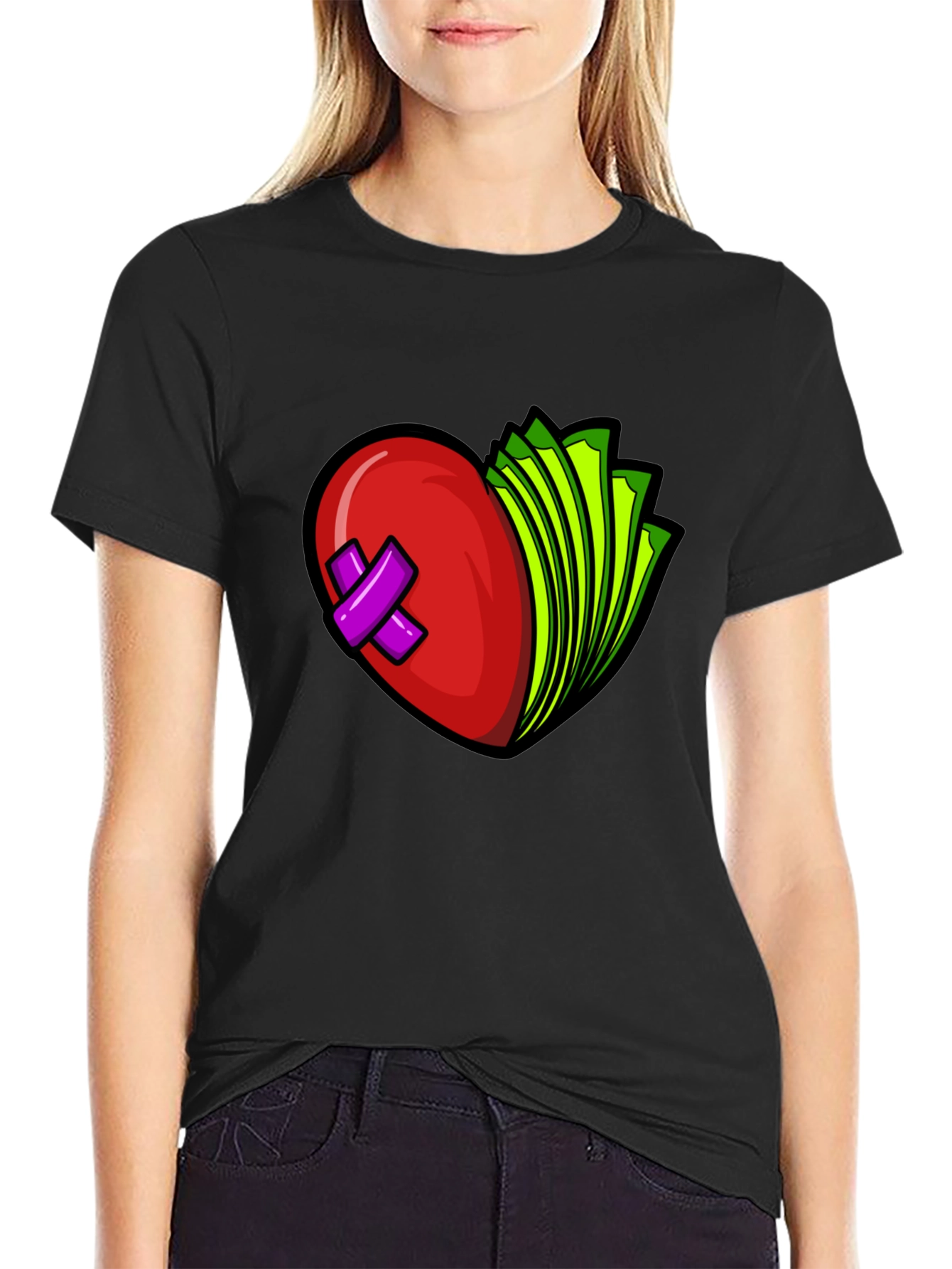 Heart and Money Graphic Tee - Black Cotton Blend