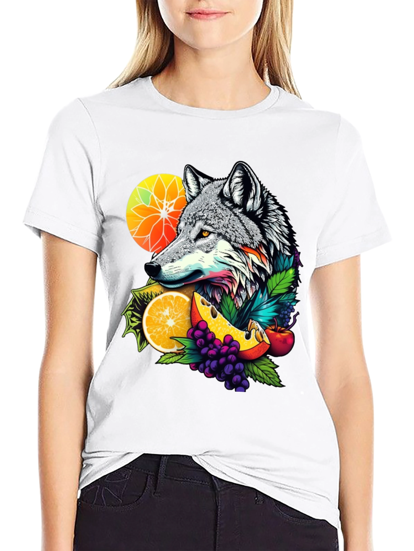 Wolf & Fruit Graphic Tee - Trendy Animal Design