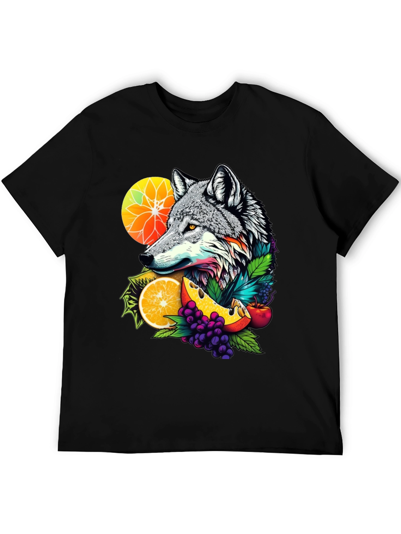 Wolf & Fruit Graphic Tee - Trendy Animal Design