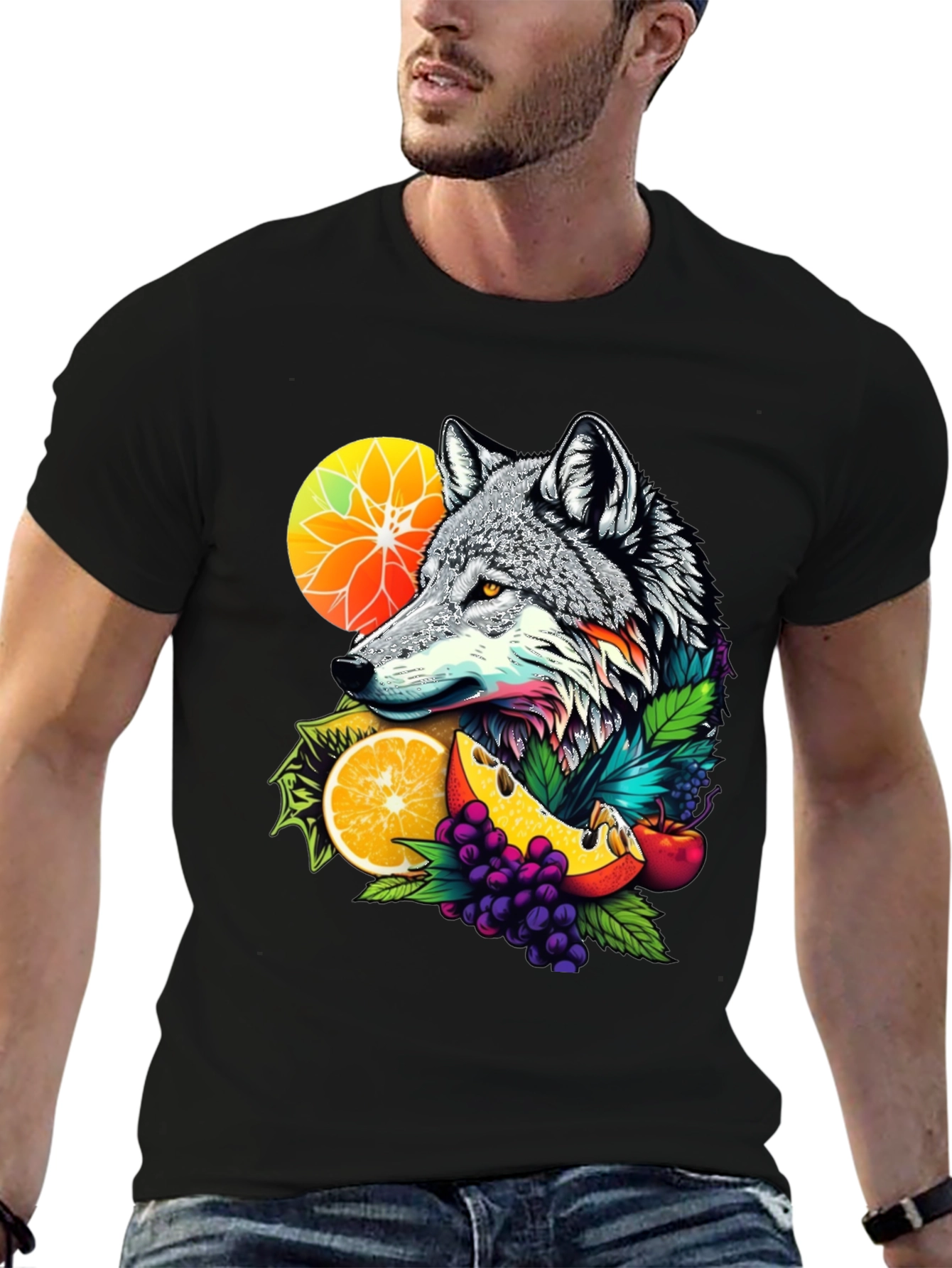 Wolf & Fruit Graphic Tee - Trendy Animal Design