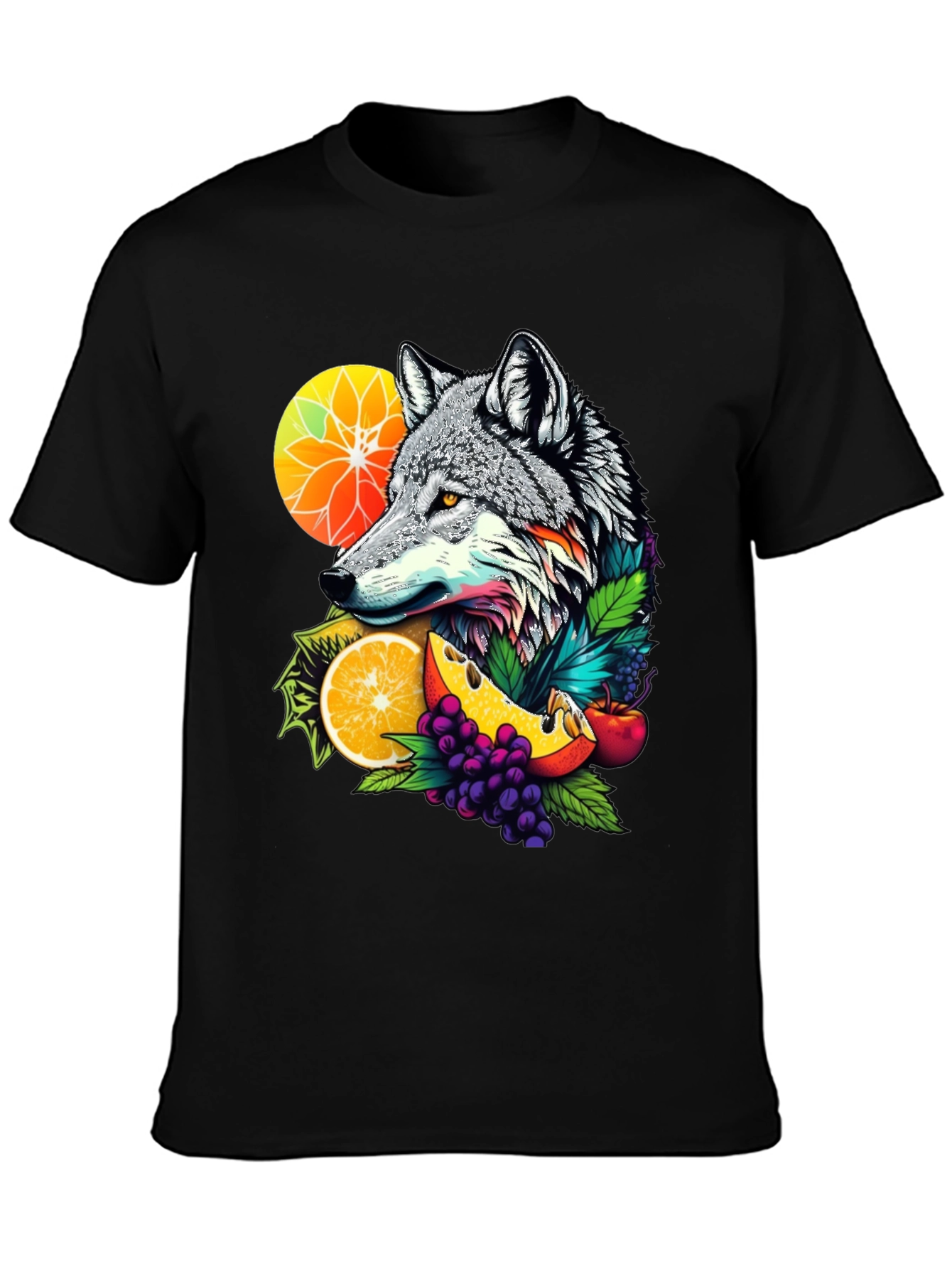 Wolf & Fruit Graphic Tee - Trendy Animal Design